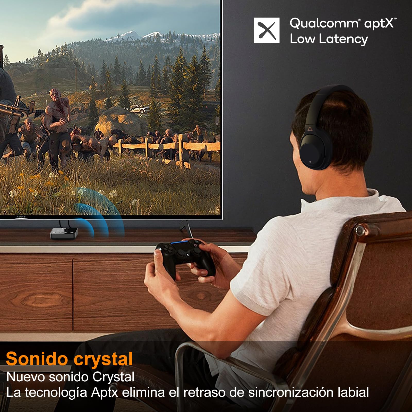 1Mii Transmisor Bluetooth 5.3 para TV a 2 Auriculares/Altavoces, Adaptador Bluetooth de Largo Alcance de 30 m para TV con Control de Volumen, Entradas de Audio Ópticas/AUX/RCA, aptX Adaptive/HD