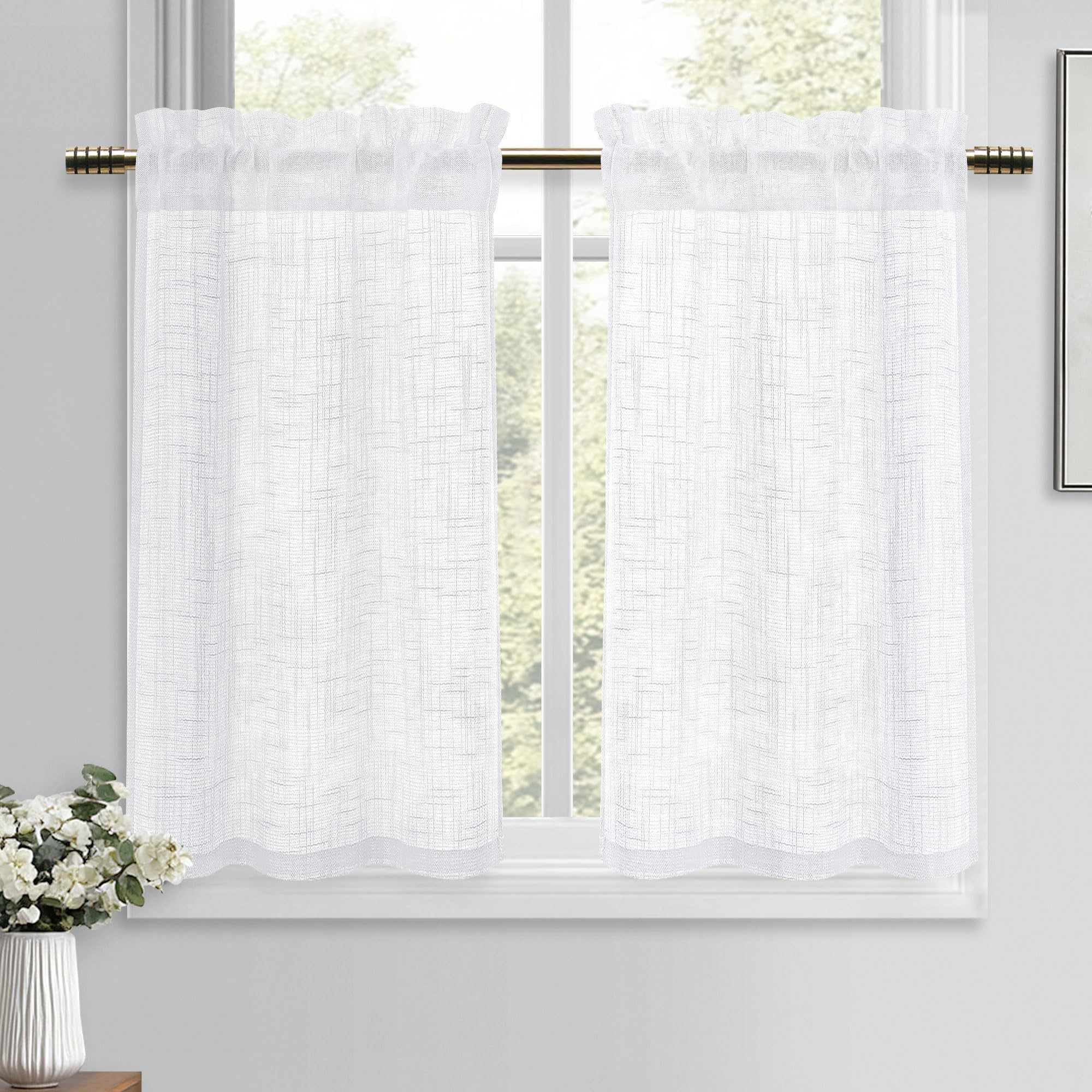 DWCN Weiß Scheibengardinen Leinenoptik Vorhänge Halbtransparent Gardinen Kurz 2 Stück H90xB60cm Modern Fenstervorhänge für Küchengardinen Wohnwagen Schrankvorhang Wohnzimmer Bistrogardine Landhaus