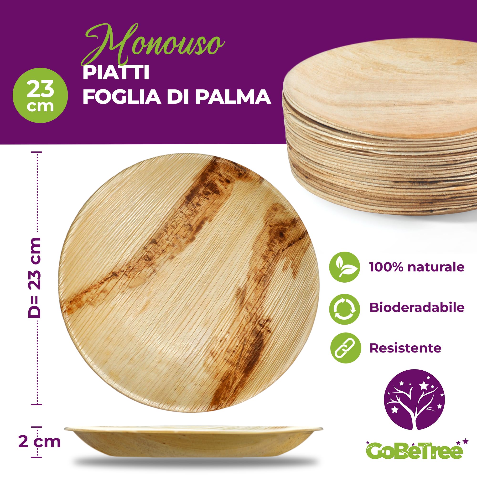 Box and tree | 25 Piatti usa e getta in foglia di palma ø18 cm| Stoviglie usa e getta ecologiche compostabili 100% | Per sera, matrimonio, compleanno, materiale palma legno, bambù