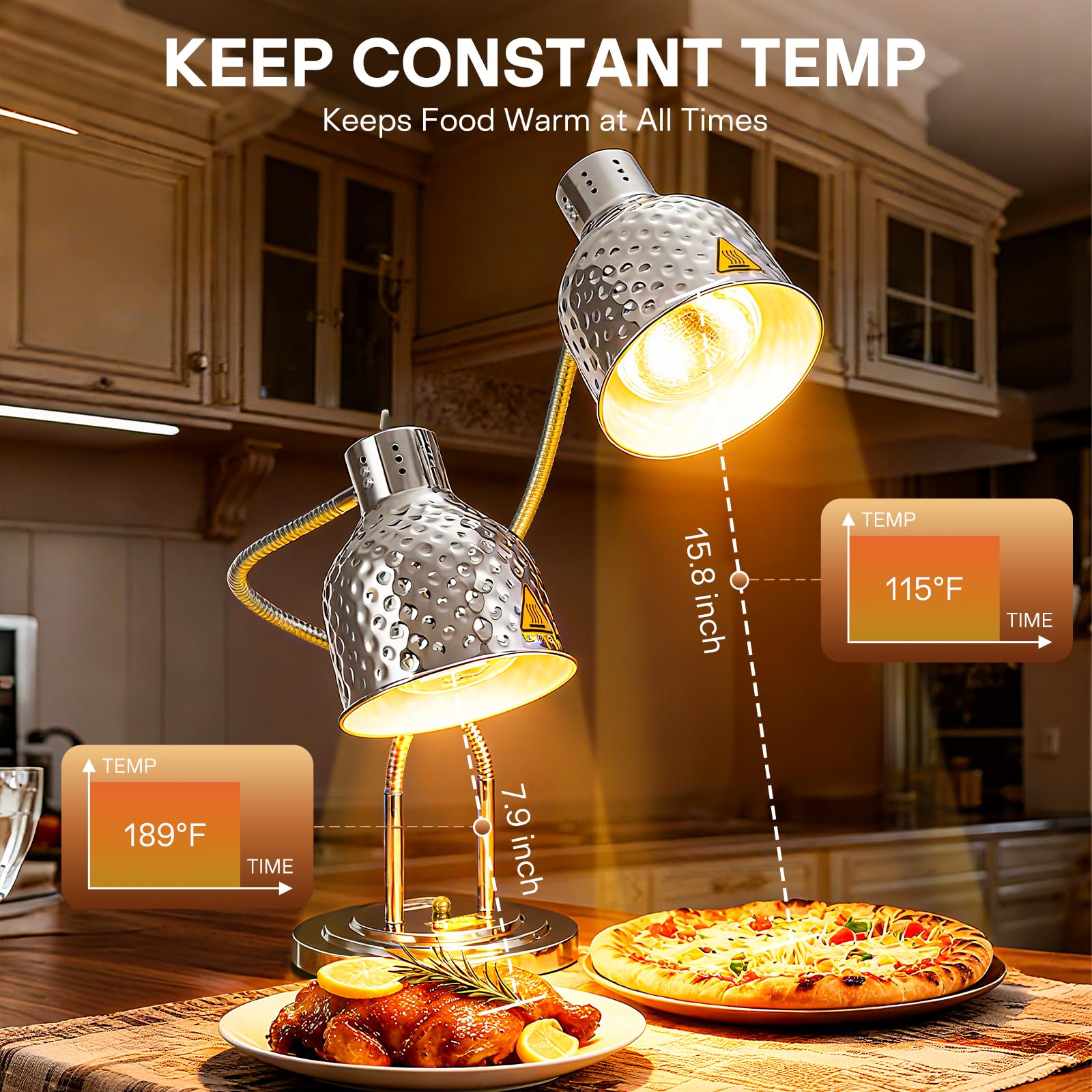 Condition photo showing New/Like New for food heat lamp - 500w commercial food warmer lamp 2-head portable electric heat lamps catering warming light for buffet parties restaurant kitchen, silver