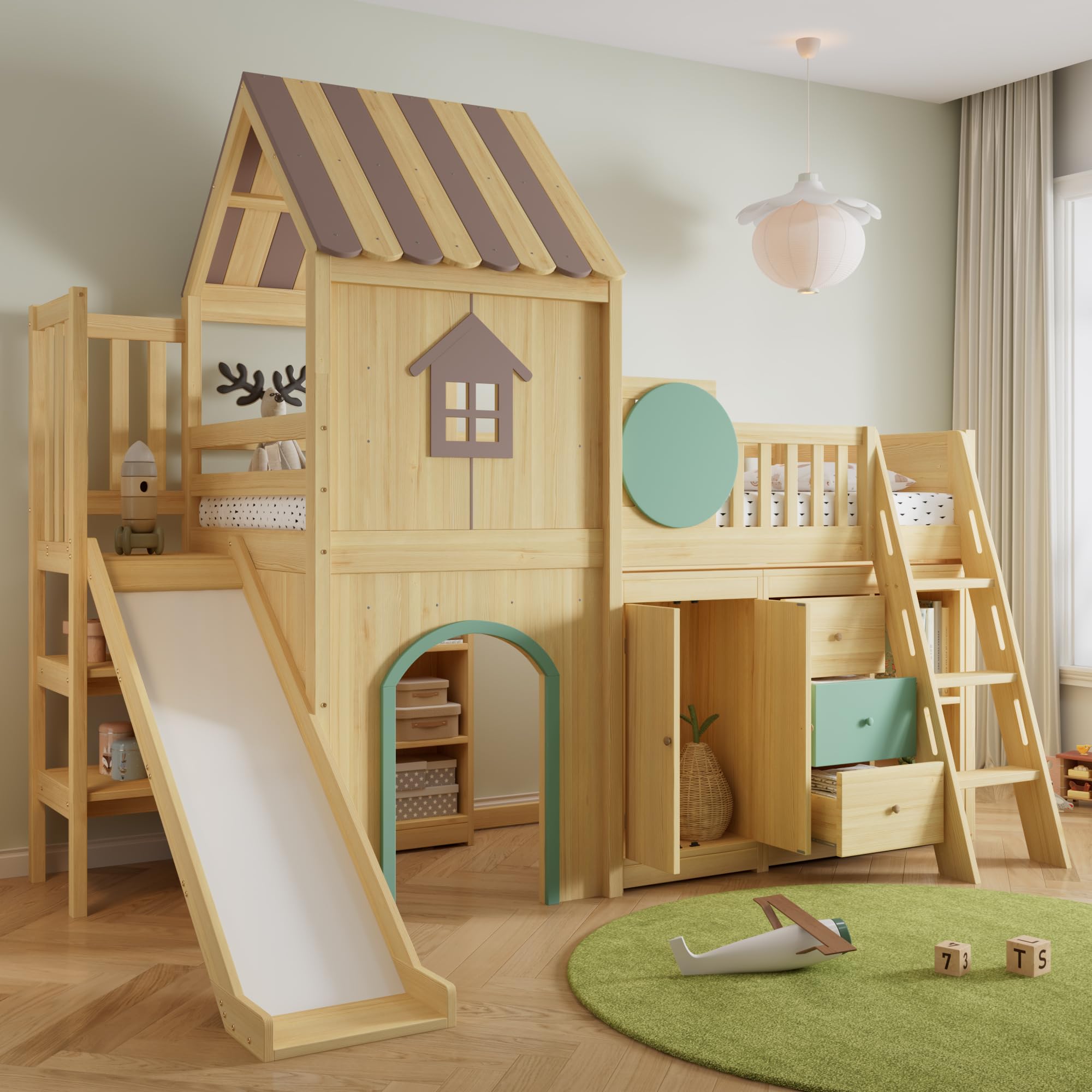 Merax Hochbett 90x200 cm Etagenbett mit Treppe und Rutsche, Hausdesign Bettgestell aus Kiefer und MDF, mit Schrank, Schubladen und Ablagefächern, Natur Grün
