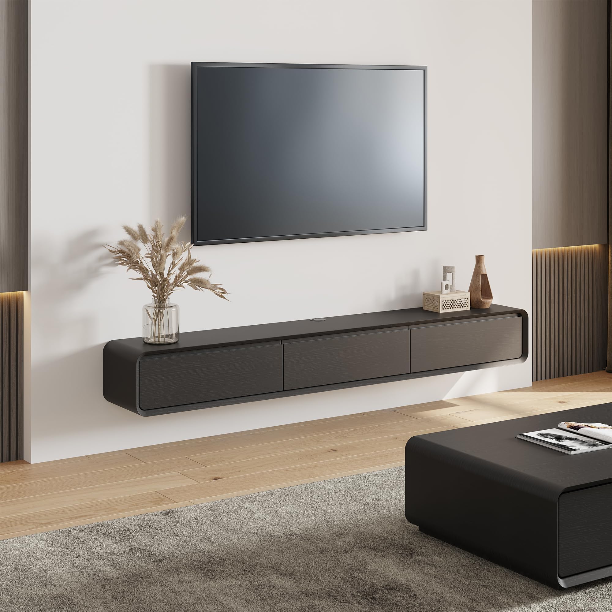 POVISON Fully-Assembled Minimalist Floating TV Stand, Modern Wall-Mounted Entertainment Center with 3 Flip-Down Cabinet Doors, Solid Wood, Black Oak,