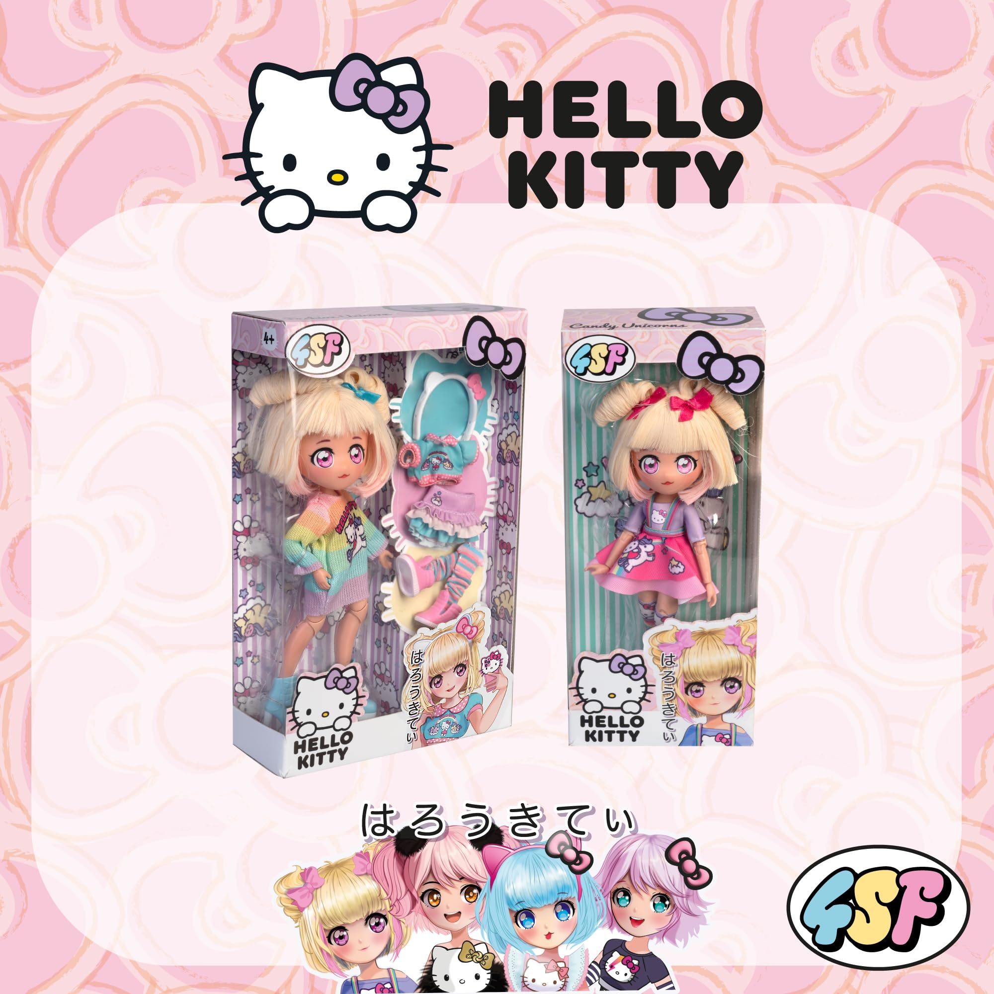 4SF - Hello Kitty Manga Fashion Unicorns, Muñeca Fashion Japonesa, Figura de 19,5 cm con 15 Puntos de Articulación, Incluye Falda Ra-Ra, Calentadores y Diadema con Orejas, Famosa (HKTF2000)
