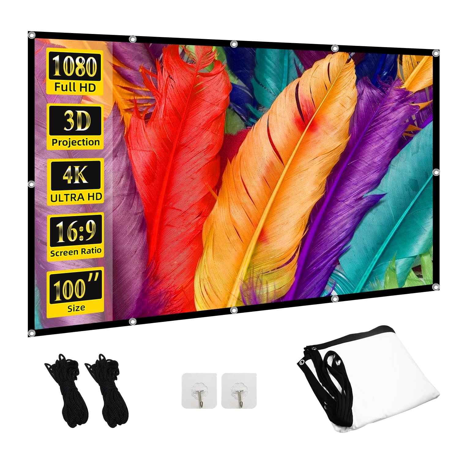 100 inch Projector Screen, Rear Front 16:9 4K HD Wrinkle-Free Movie Screen Foldable and Portable Projection Screen for Indoor Outdoor Home Theater Backyard Cinema