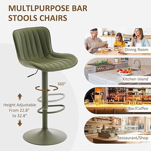 Miniatura 7 de YOUNIKE Juego de 2 taburetes de bar verdes de altura de encimera de cocina con respaldo, modernos taburetes de bar tapizados de piel sintética