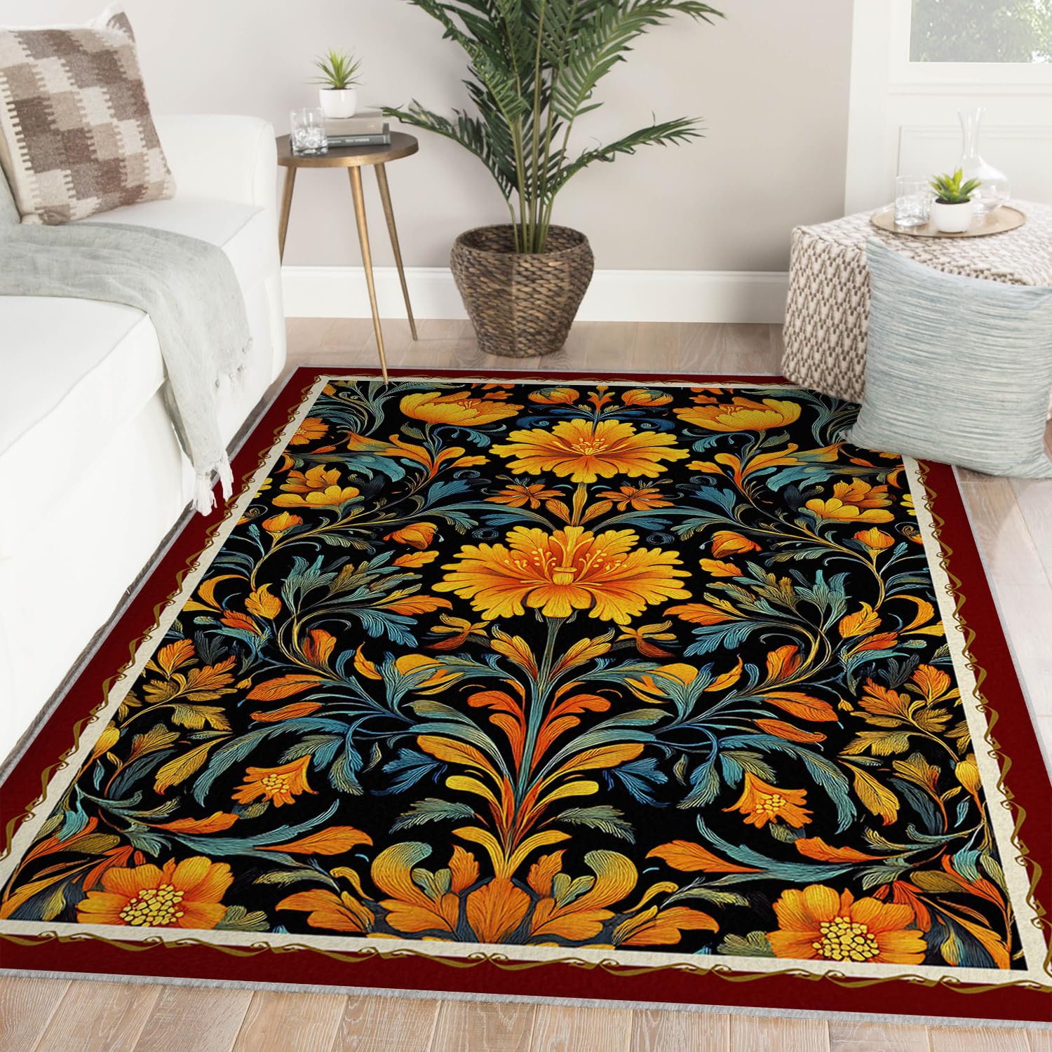 Tapis 200x300cm lavable machine carpette vintage poil bas motif floral