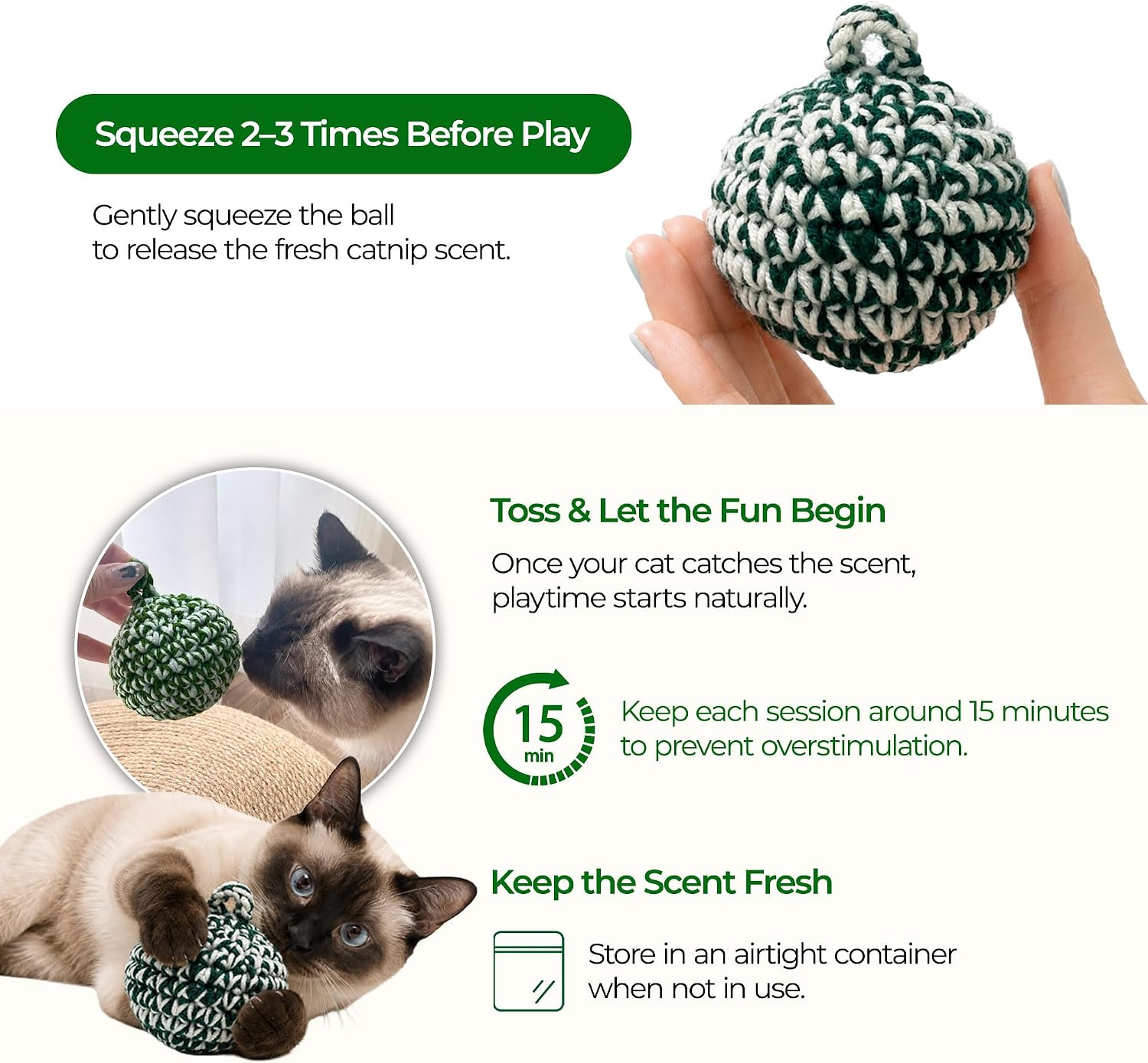 JAYU PET Green Cat Ball, 2.7 inch | W/O Bell Version, Handmade Catnip, Knitted Interactive, For Indoor Cats & Kittens