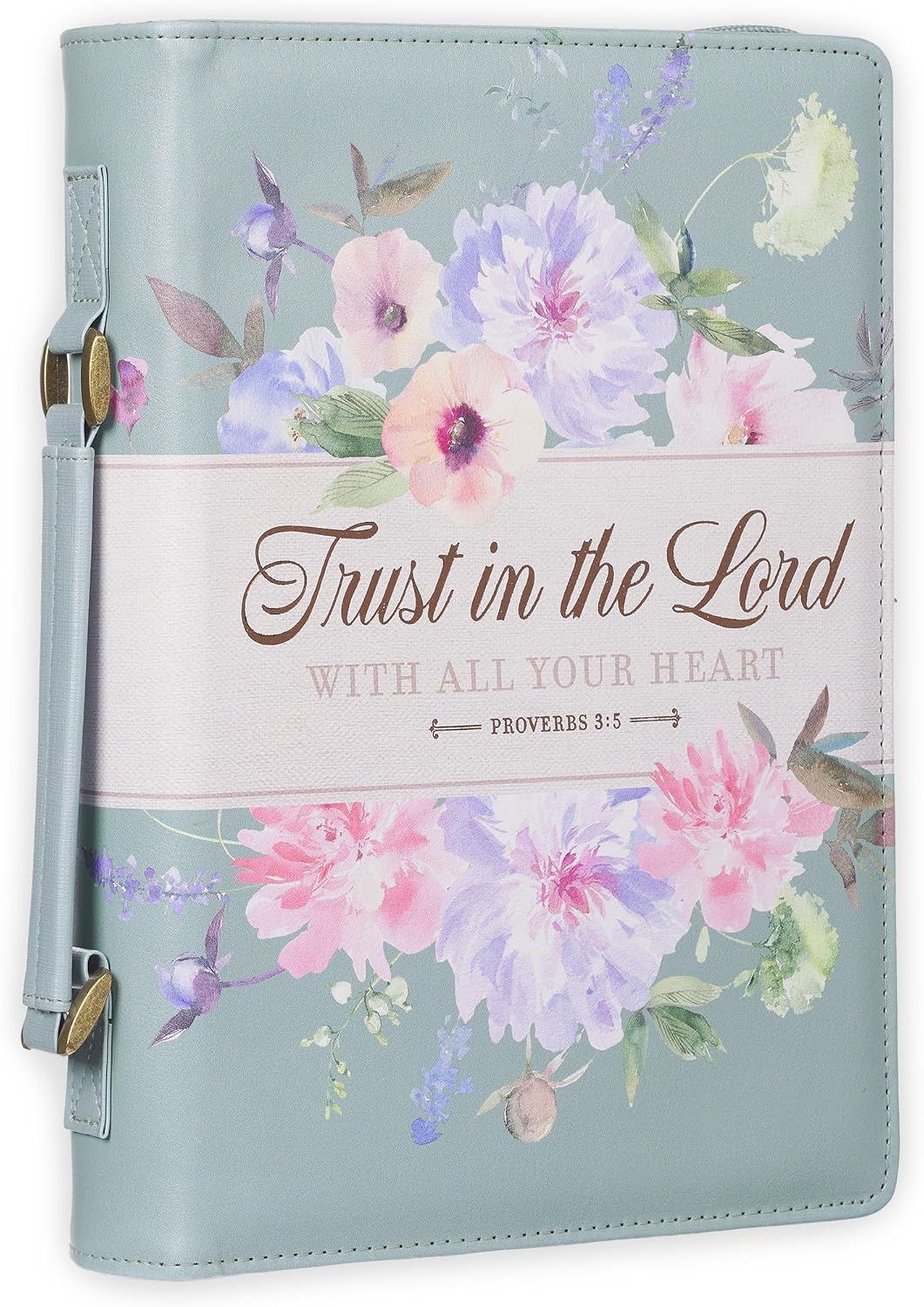 Christian Art Gifts Fashion Vegan Leather Bible Cover for Women: Trust in the Lord Inspirational Scripture Book Tote, Pen Loops, Pockets. Stationery Accessory, Light Teal Multicolor Floral, Medium