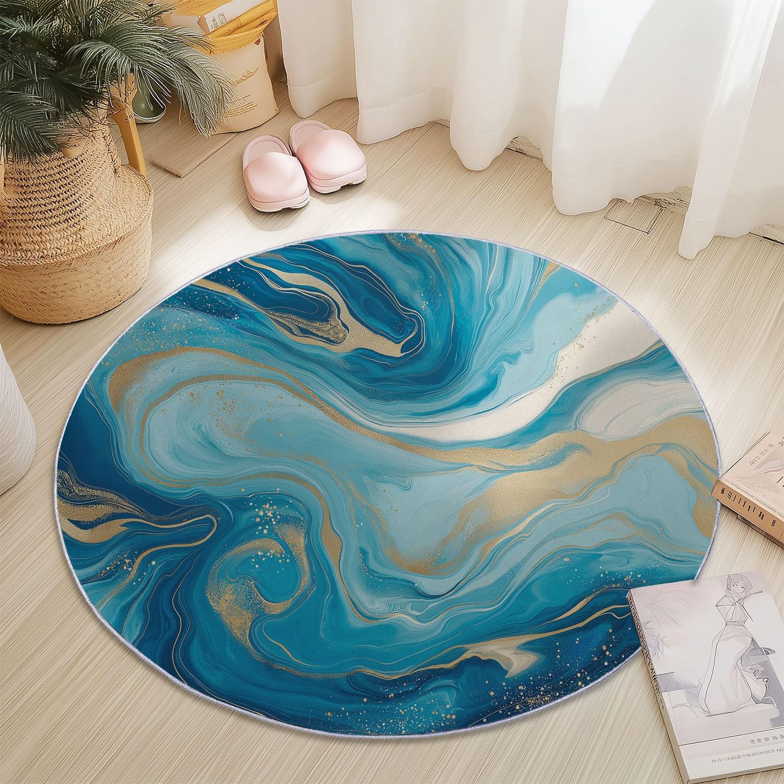 Modern Exquisite Marble Round Rug 90 cm, Blue Gold Washable Non-Slip Circle Rug, Soft Circular Dining Room Rug Thin Print Flannel Carpet for Bedroom Living Room Office Playroom