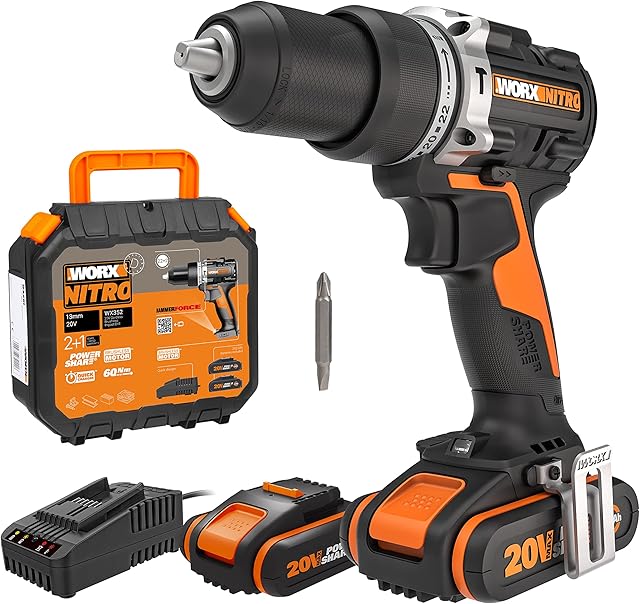 WORX WORX NITRO WX352 Akku Schlagbohrschrauber Set 20V - bürstenloser Motor - zum Schrauben, Bohren und Schlagbohren - 60Nm - 2-Gang-Getriebe & LED-Licht - inkl. 2x20V 2Ah Akkus & 2A Schnellladegerät — Akkuschrauber