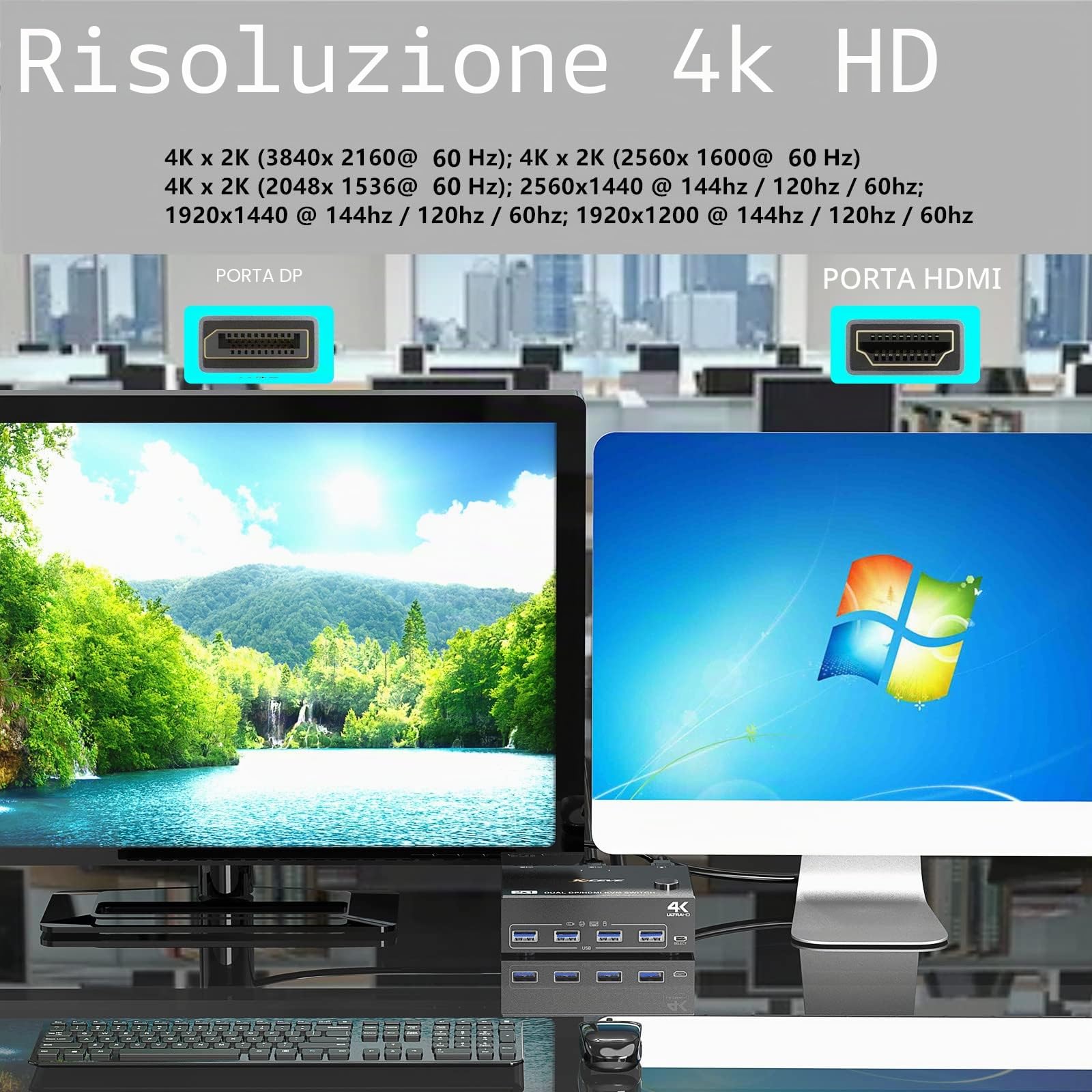 DP + HDMI KVM Switch 2 Computer 2 Monitor, Due Monitor Displayport USB 3.0 KVM Commutatore per due monitor, Supporta 4K@60Hz per 2 computer che condividono tastiera, mouse e monitor