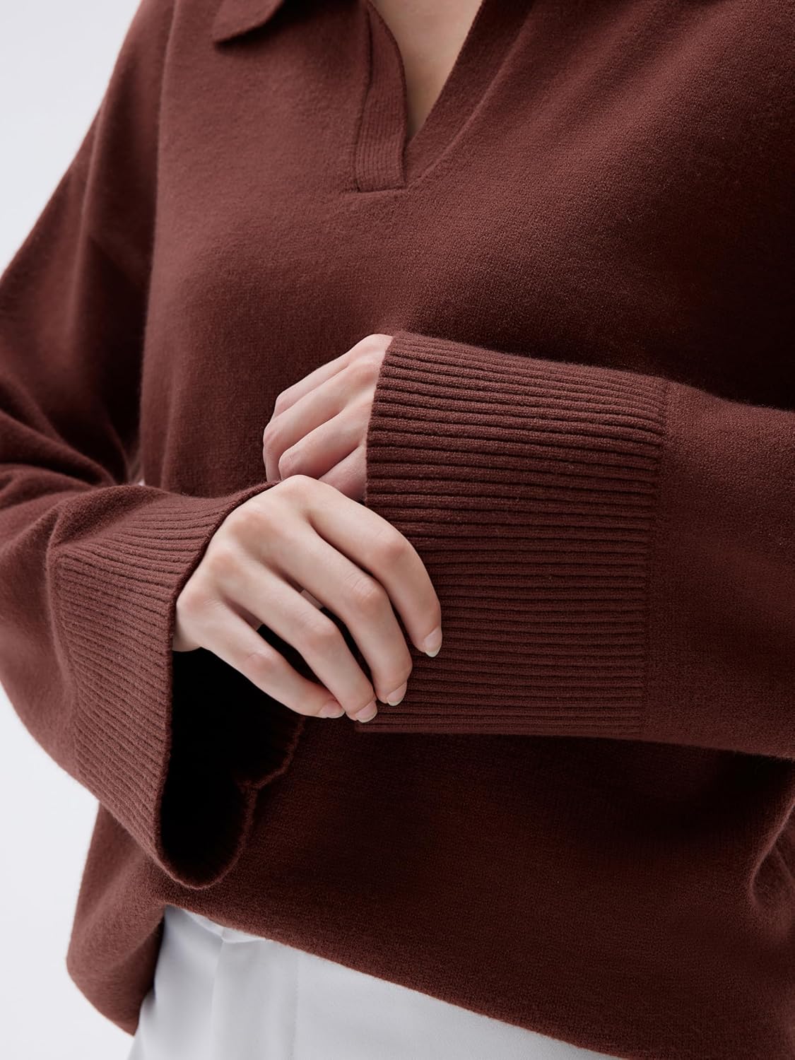 SUUKSESS Women Cashmere Oversized V Neck Pullover Sweaters Long Sleeve Collared Knit Jumper Tops - Image 4