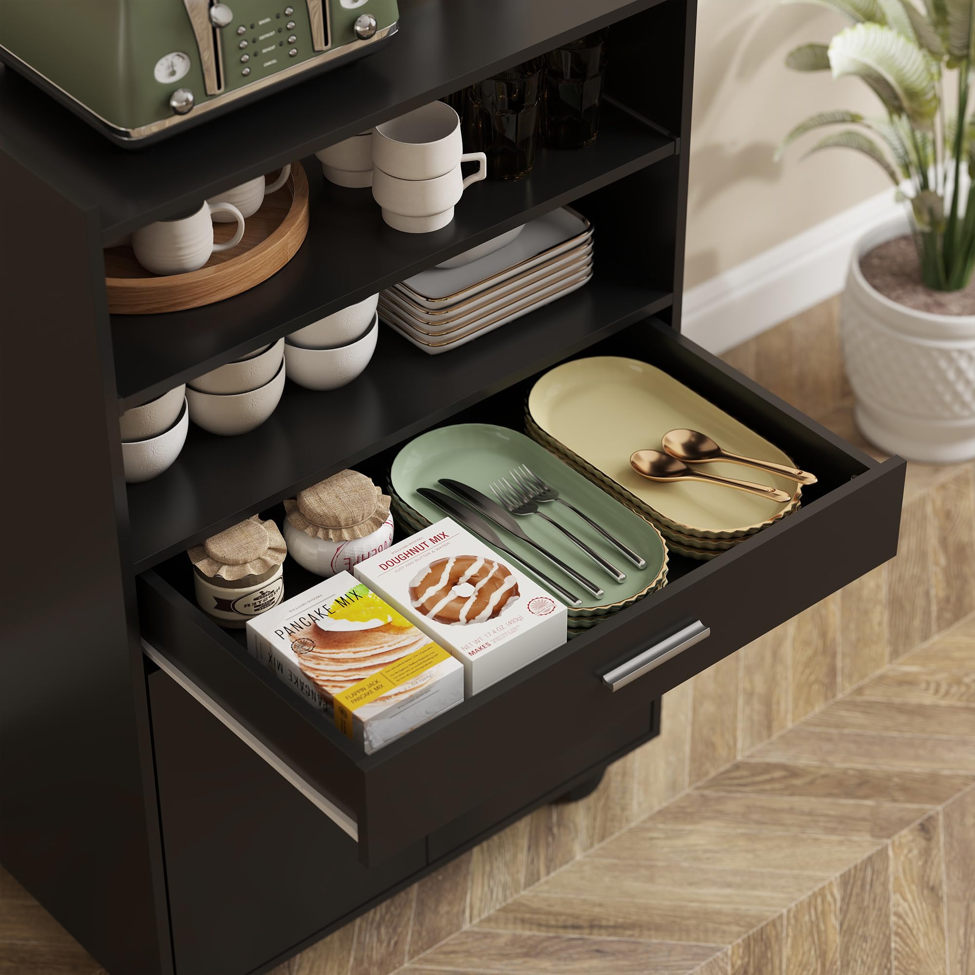 HOMCOM Chariot de Cuisine sur roulettes, 59 x 40 x 92 cm Noir | Desserte Micro-Onde avec Plan de Travail, Étagères Ouvertes, Tiroir, Placard, Meuble de Rangement pour Micro-Ondes