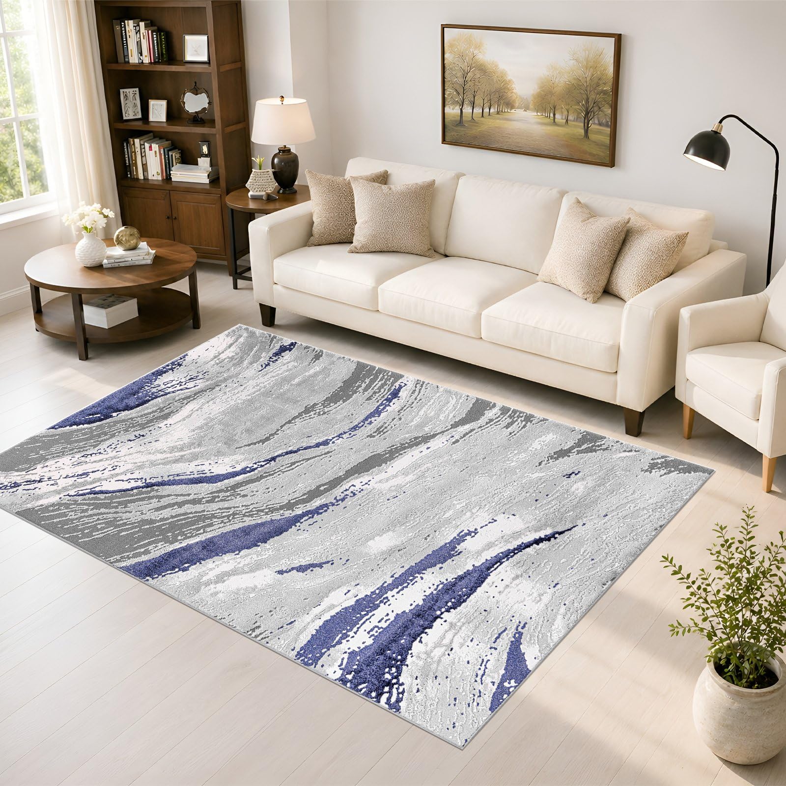 renoazul® Abstract Rugs For Living Room With Jute Back - Jeze Blue Rug - 160 x 230 cm - Washable Living Room Rugs For Bedroom, Lounge and Fireside