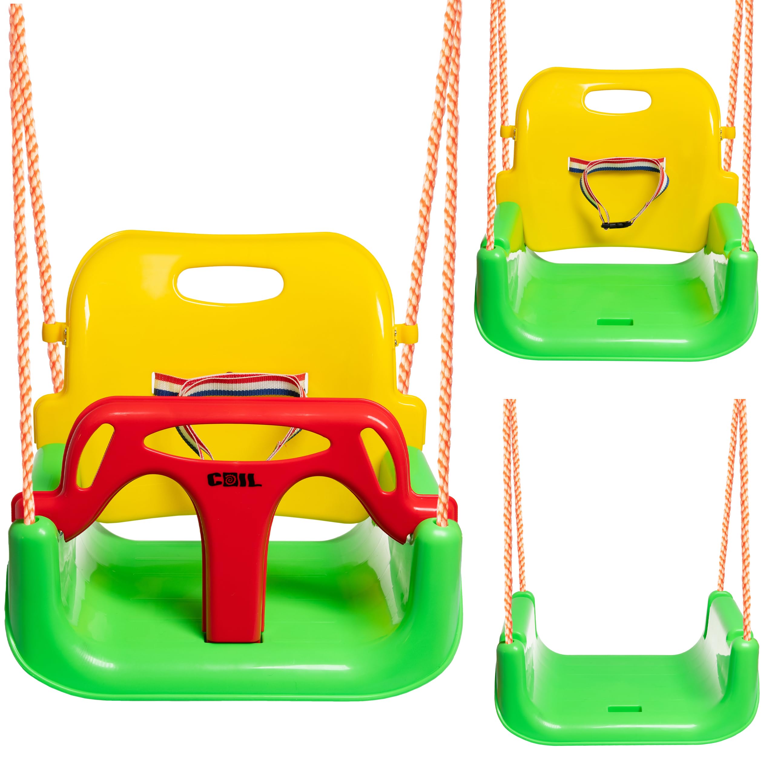 COIL Columpio infantil para exteriores, 3 en 1, columpio ajustable para niños, para interior con respaldo, columpio para interiores (C0348-Grun)