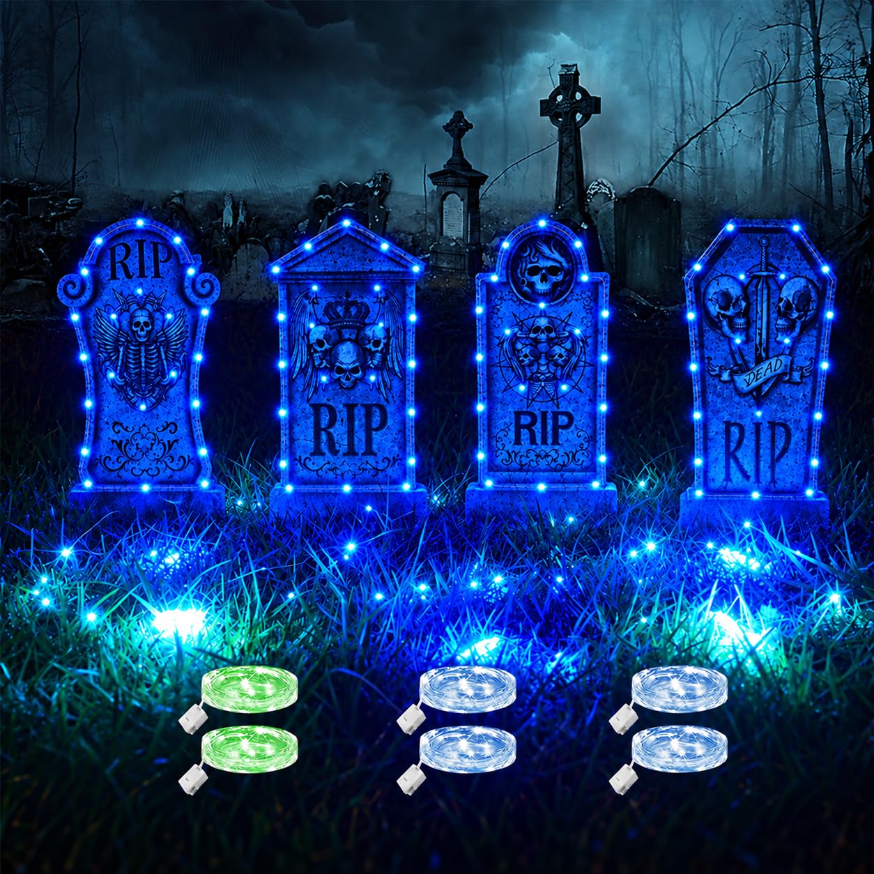 Maxee 4 Pack Halloween Tombstone Decorations 16.2"-Green & Blue LED