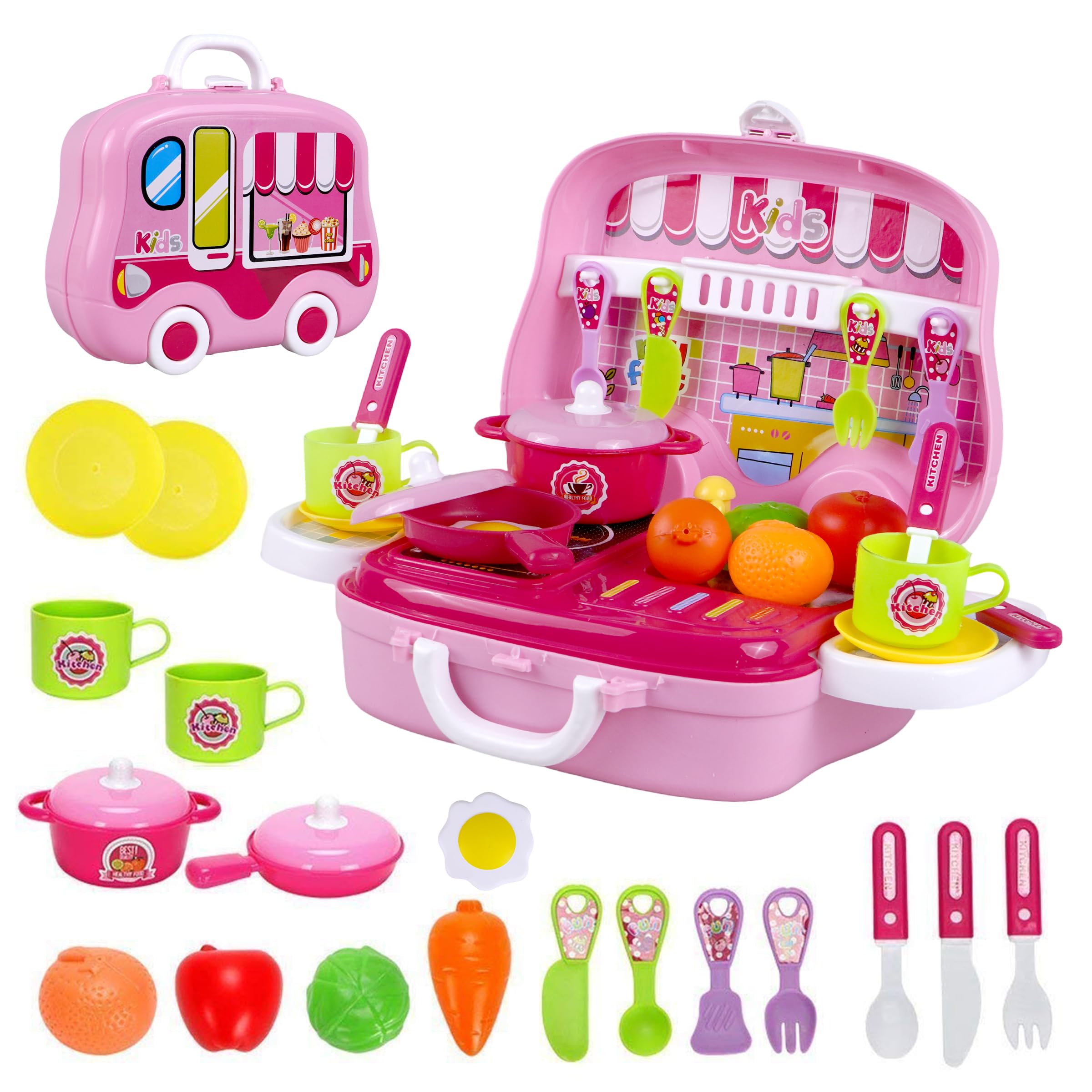 Toyshine Kids Kitchen Play Set in Carry Case | Pretend Cooking Toy with Pots | Fruits | Utensils & Stove | Portable Suitcase KitchenToy for Girls & Boys 3+ Years
