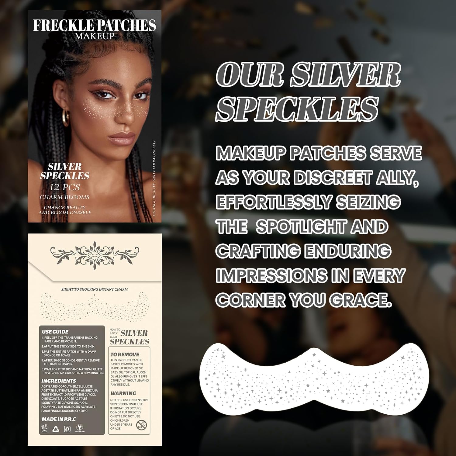 シルバー グリッター そばかす メイクパッチ 12個 斑点 フェイス タトゥー ステッカーセット 一時的な顔 スパークル ステッカー