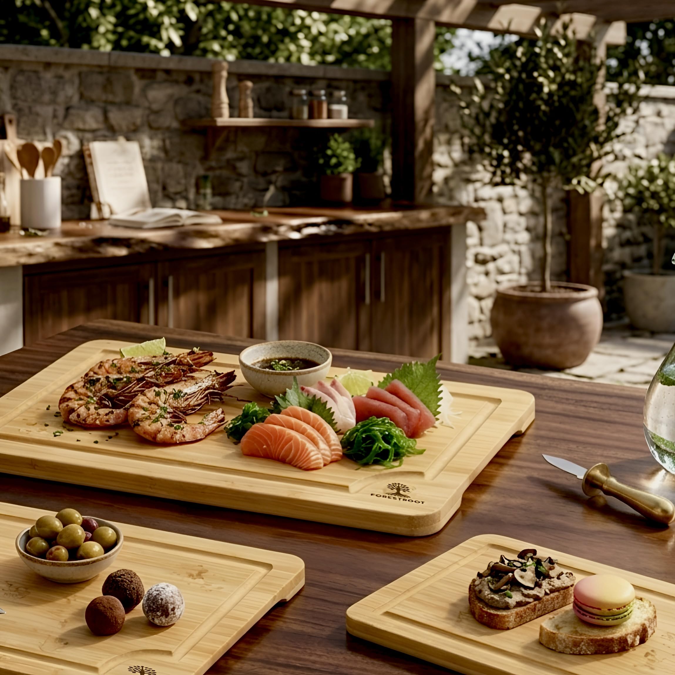 Juego de tablas de cortar de bambú, tablas de cocina de madera de 3 piezas para preparar y servir comidas, bambú duradero con ranura profunda para jugo y asas laterales, ideal para carne