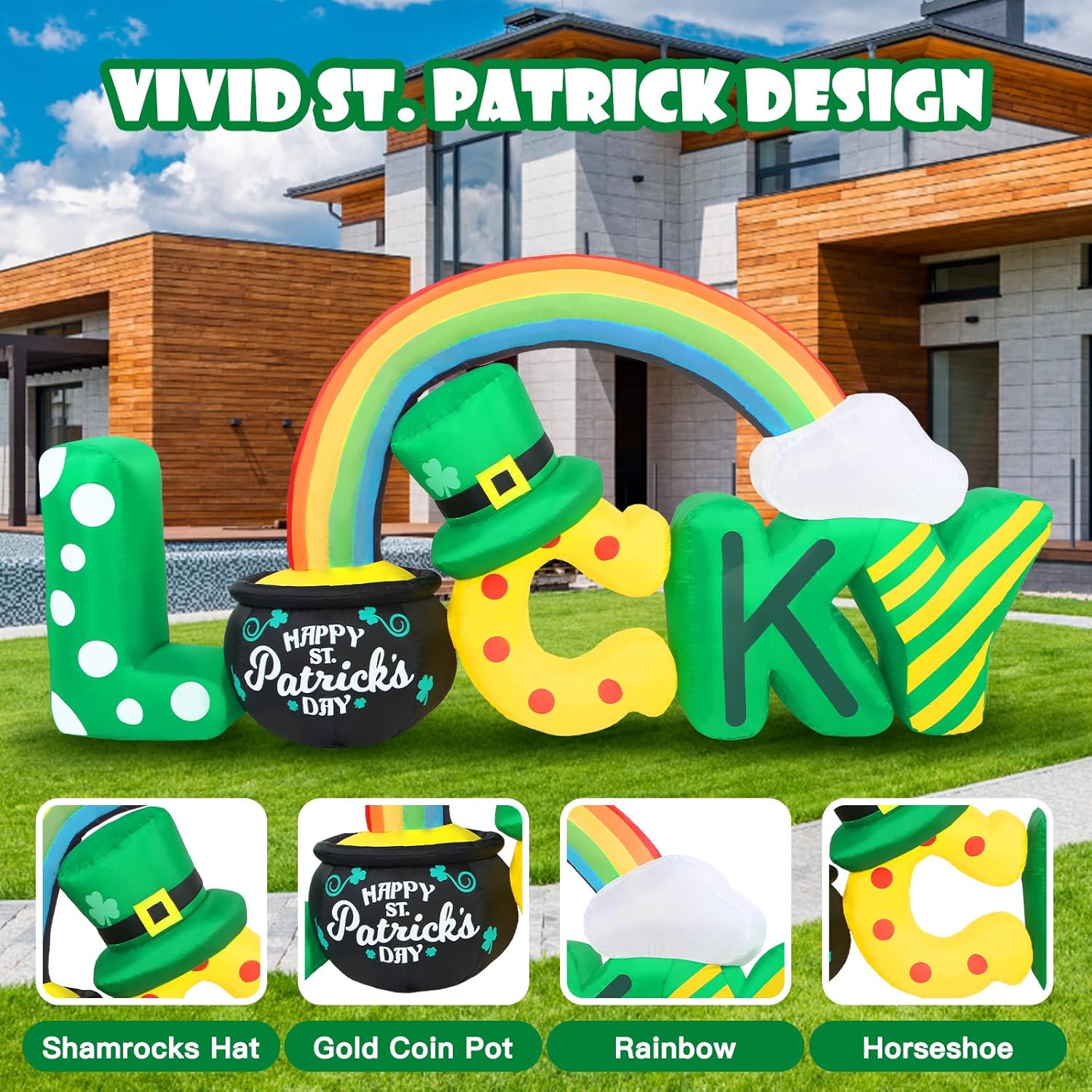 7FT Long St. Patrick's Day Inflatables Outdoor Decoration, Blow up Lucky Letters Yard Decor with Shamrocks Gold Pot & Rainbow, Built-in LED Lights St Patricks Holiday Decorations for Outside Garden
