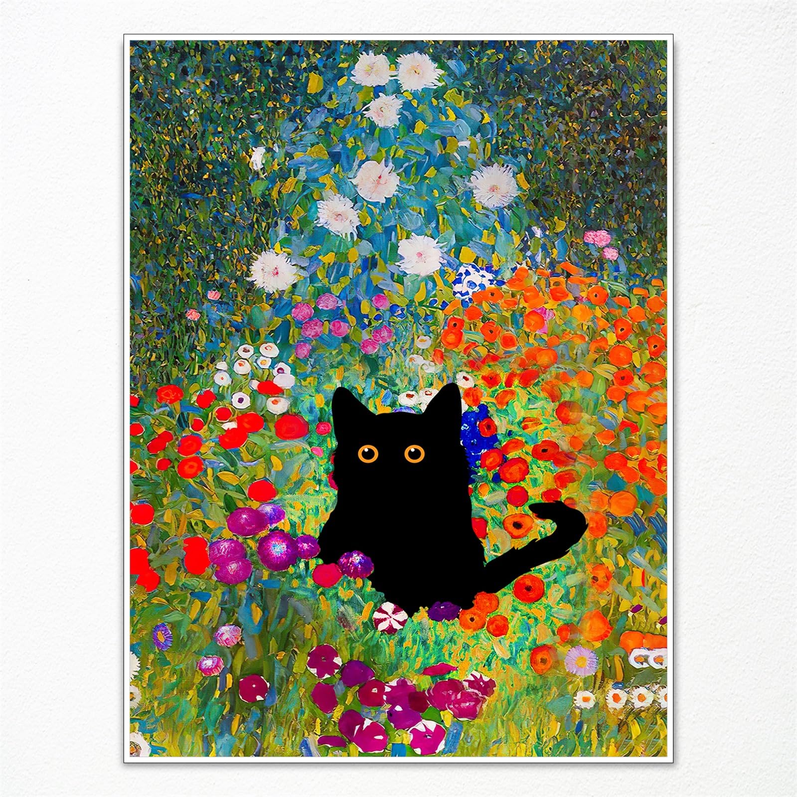 Gustav Klimt Canvas Wall Art, Black Cat Garden Flower Poster, Funny Cat Flower Print