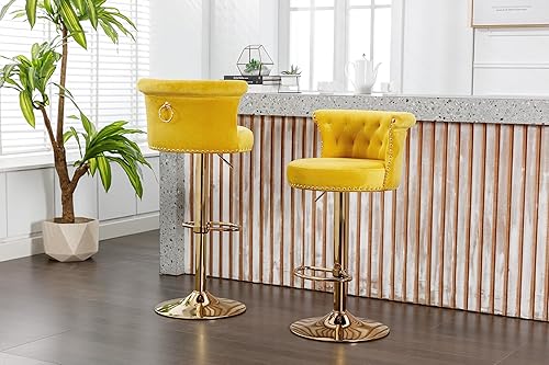 Miniatura 3 de Juego de 2 taburetes de bar giratorios de terciopelo de 360, butacas ajustables para barra de cocina con respaldo de clavos, base dorada y