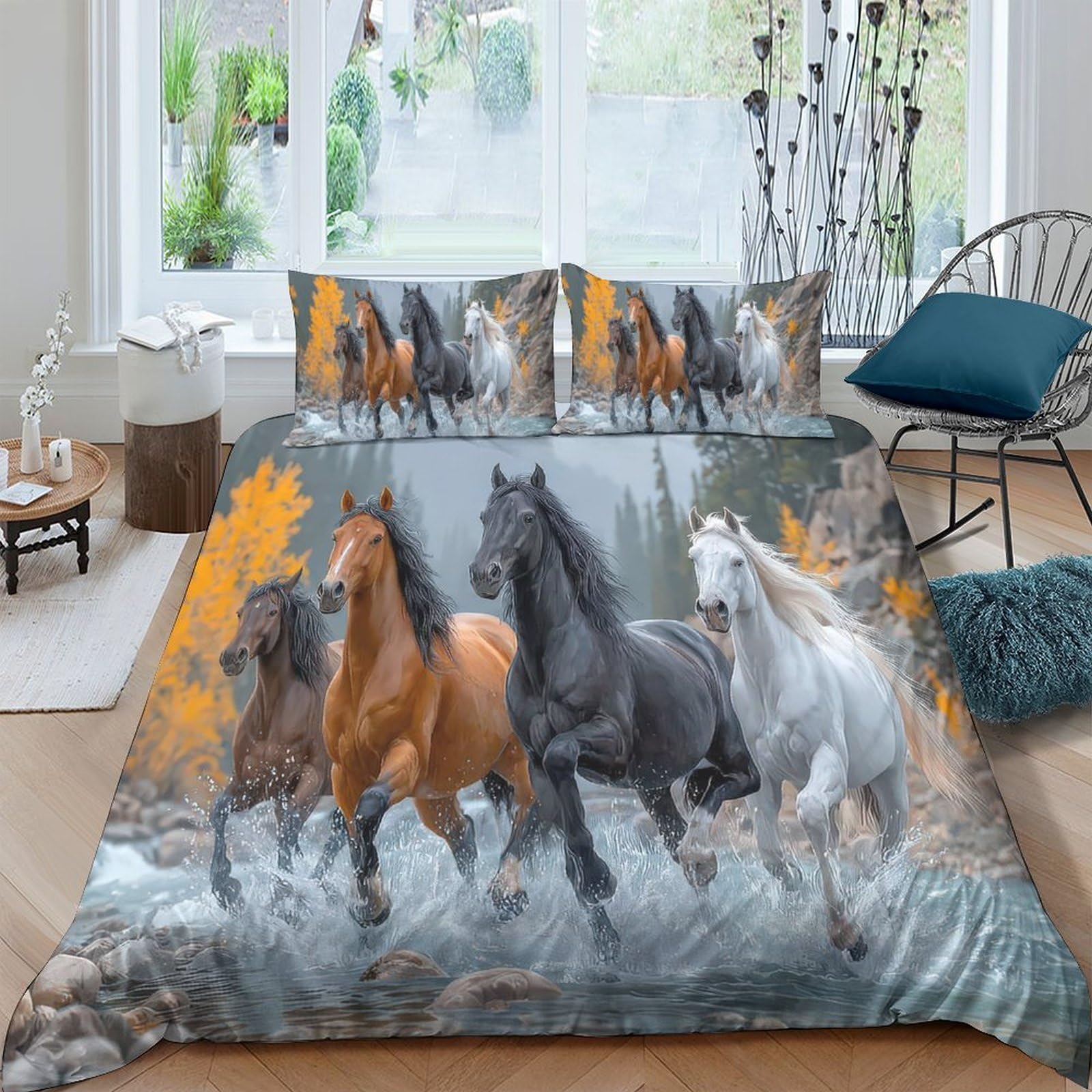 Ctjqhvkz Style-9 3D Printed Wild Horse Fitted Sheet Microfiber Soft Breathable Forest Stream Bed Cover For Bedroom Guest Room Decor Single（135X200cm）
