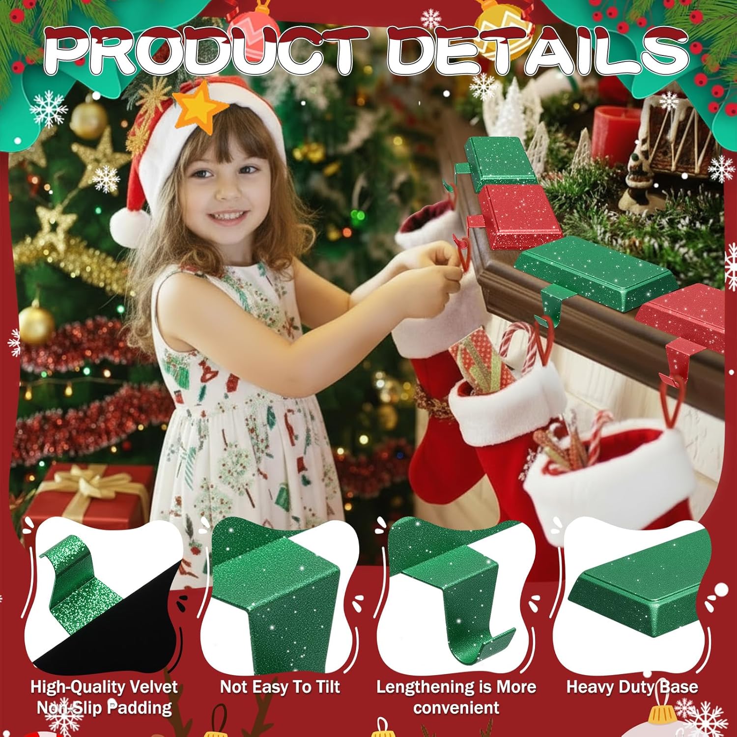 4 Pcs Red,Green Christmas Stocking Holders for Mantle, Lengthening Weighted Stocking Hangers Heavy Duty Christmas Holders Hooks for Wreath Fireplace Mantle Xmas Holiday Party Decoration