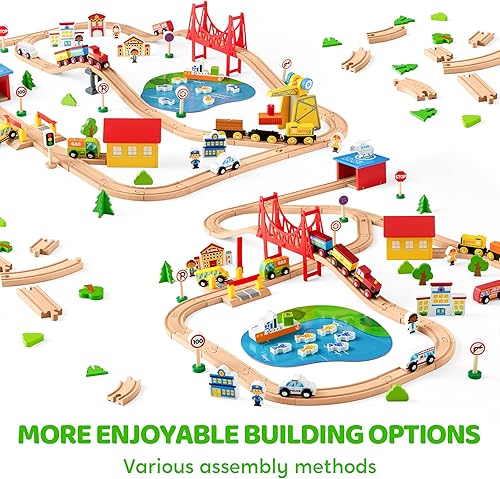 Miniatura 2 de Juego de tren de madera de 110 piezas, trenes magnéticos de juguete con pista de madera para niños de 3 a 8 años, juego de ferrocarril de escena de