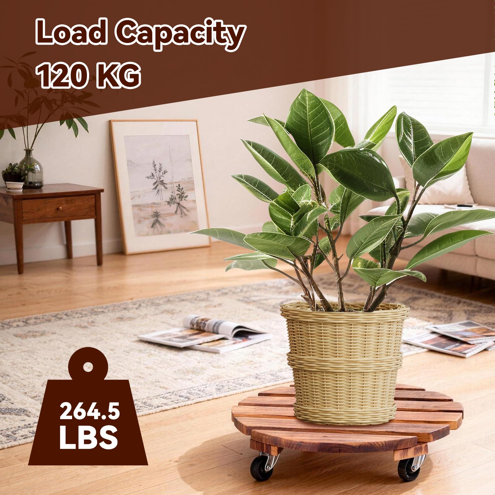 Lot de 2 Porte Plantes à roulettes 30,5 cm, Rond en Bois avec Roues Pivotantes et Verrouillables, Capacite 120kg, Chariot Mobile pour Pots de Fleurs Lourds, Usage Intérieur et Extérieur