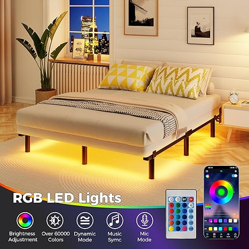 Miniatura 4 de Marco de Cama Queen con Luces LED Inteligentes, Marco de Cama de Metal 7 Inch Basics, Base Resistente de 9 Patas para Somier y Colchón, Sin Ruido,