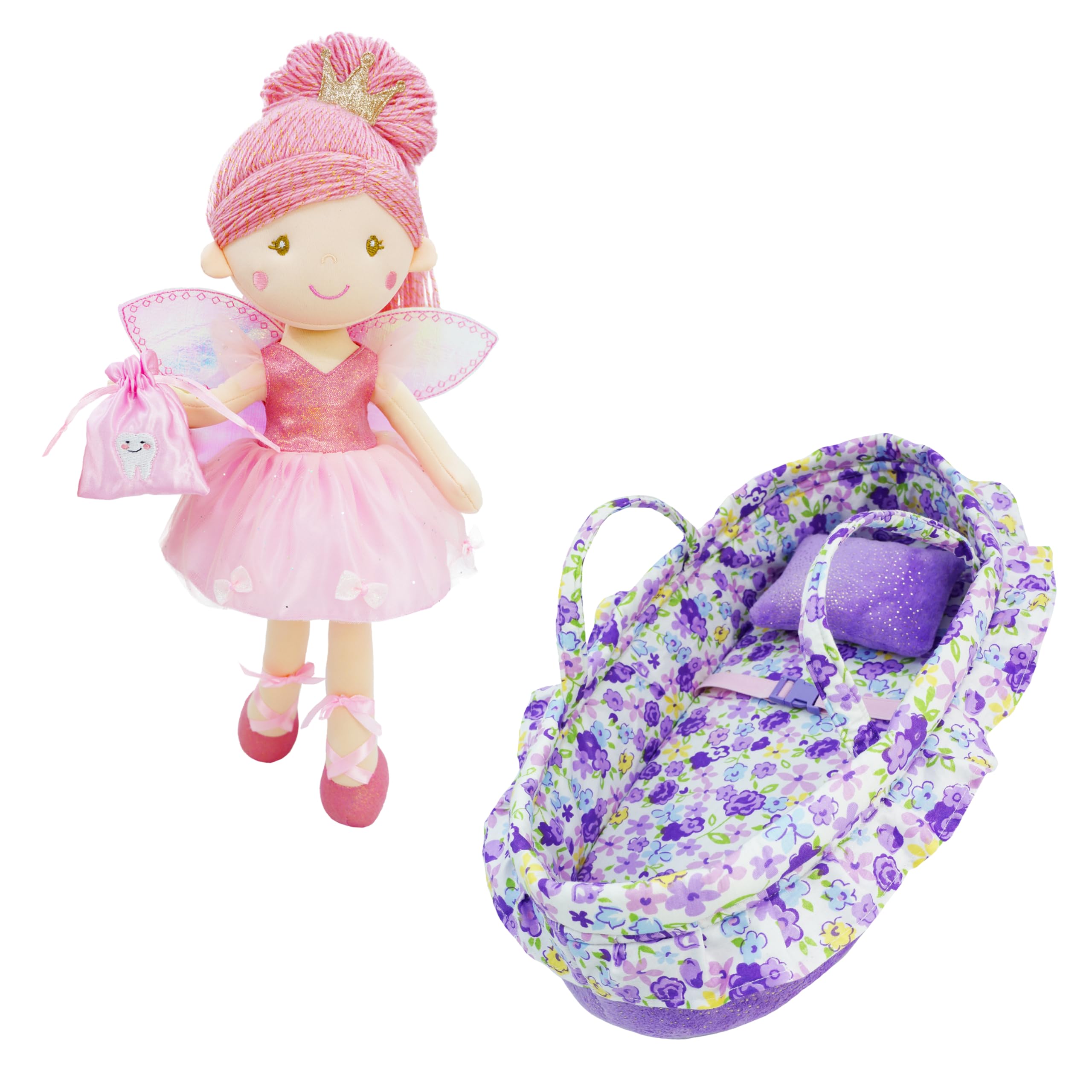 June Garden 2 Pcs Fairy Doll Playset Bundle - Includes 17" Enchanted Garden Tooth Fairy Doll Anastasia and Cozy Dream Purple Doll Bassinet