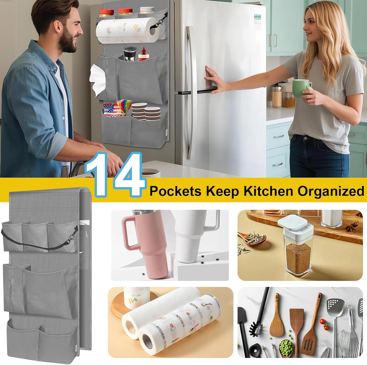 homyfort Mini Fridge Organizer, Over The Fridge Storage Organizer with 14 Pockets, College Dorm Fridge Storage for Office, Kitchen, Home, School, Gray
