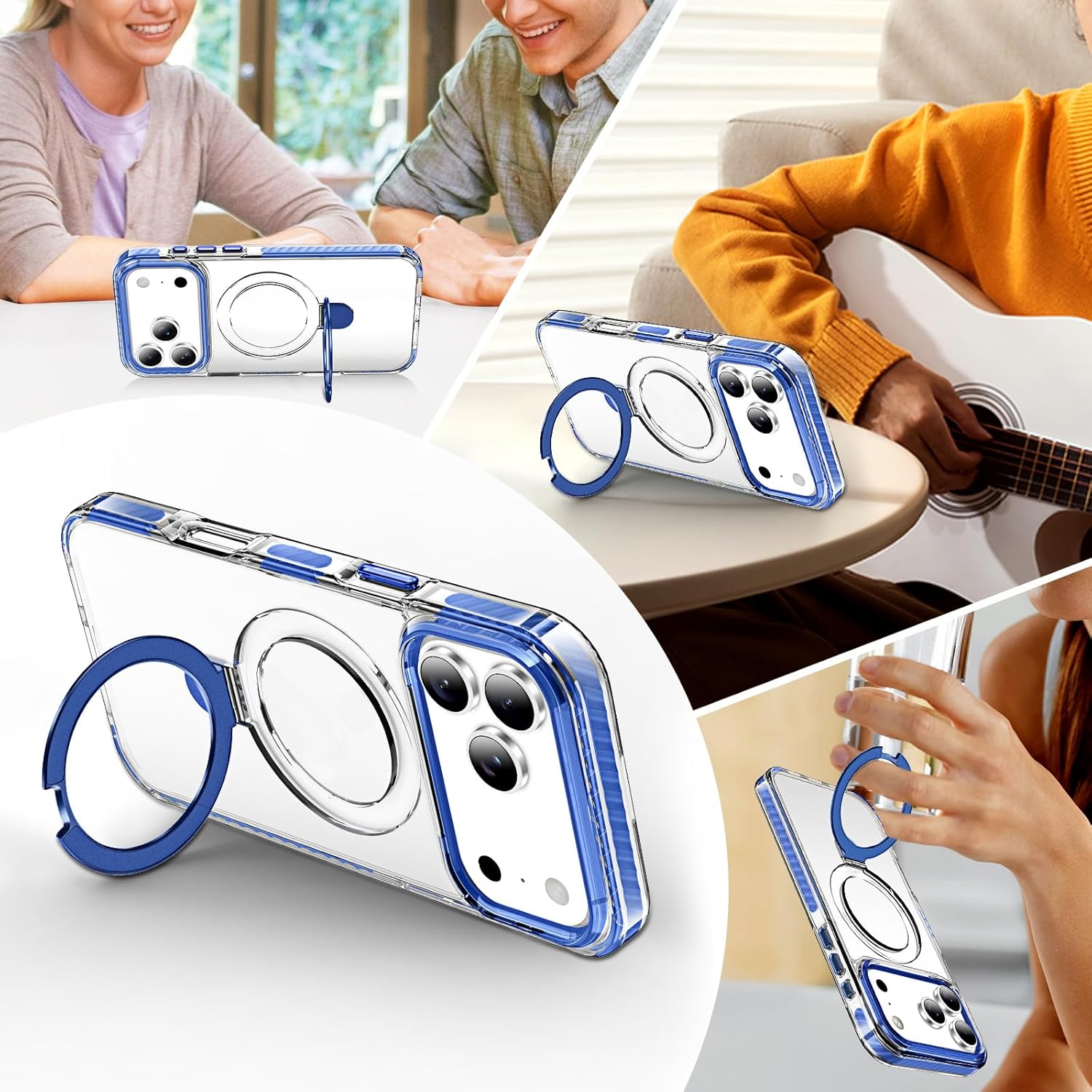 UMIONE for iPhone 17 Pro Clear Magnetic case with Stand and Finger Ring, Compatible with magsafe, Shockproof Transparent Hard Plate, Full Body case, Universal for Boys and Girls 6.3 - Blue