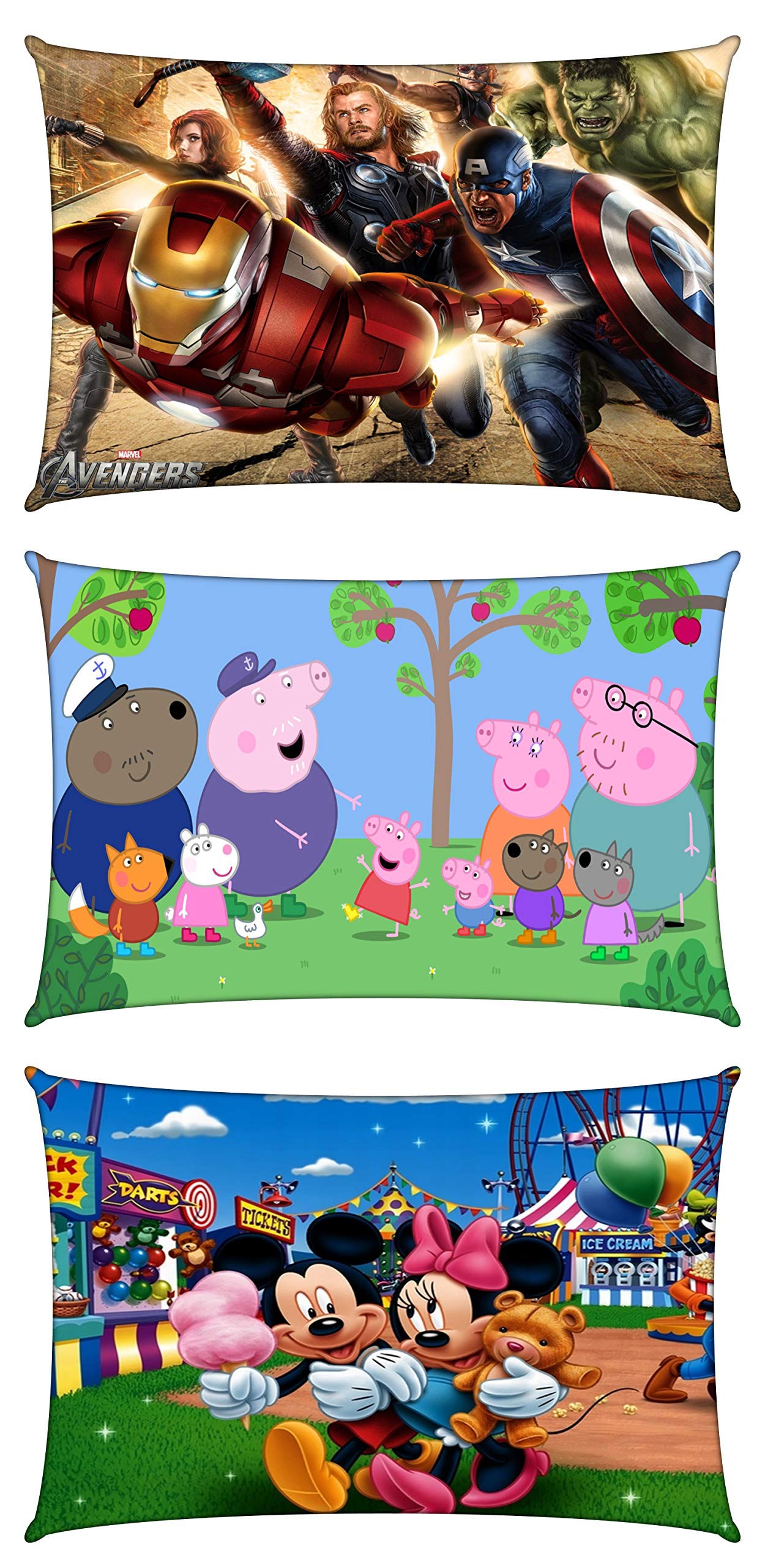 pepme Kids Pillow Cover Avengers, Pig, Mickey Mouse Cartoon Digital Printed Soft Cushion Cover (18x12 Inches, Set of 3)