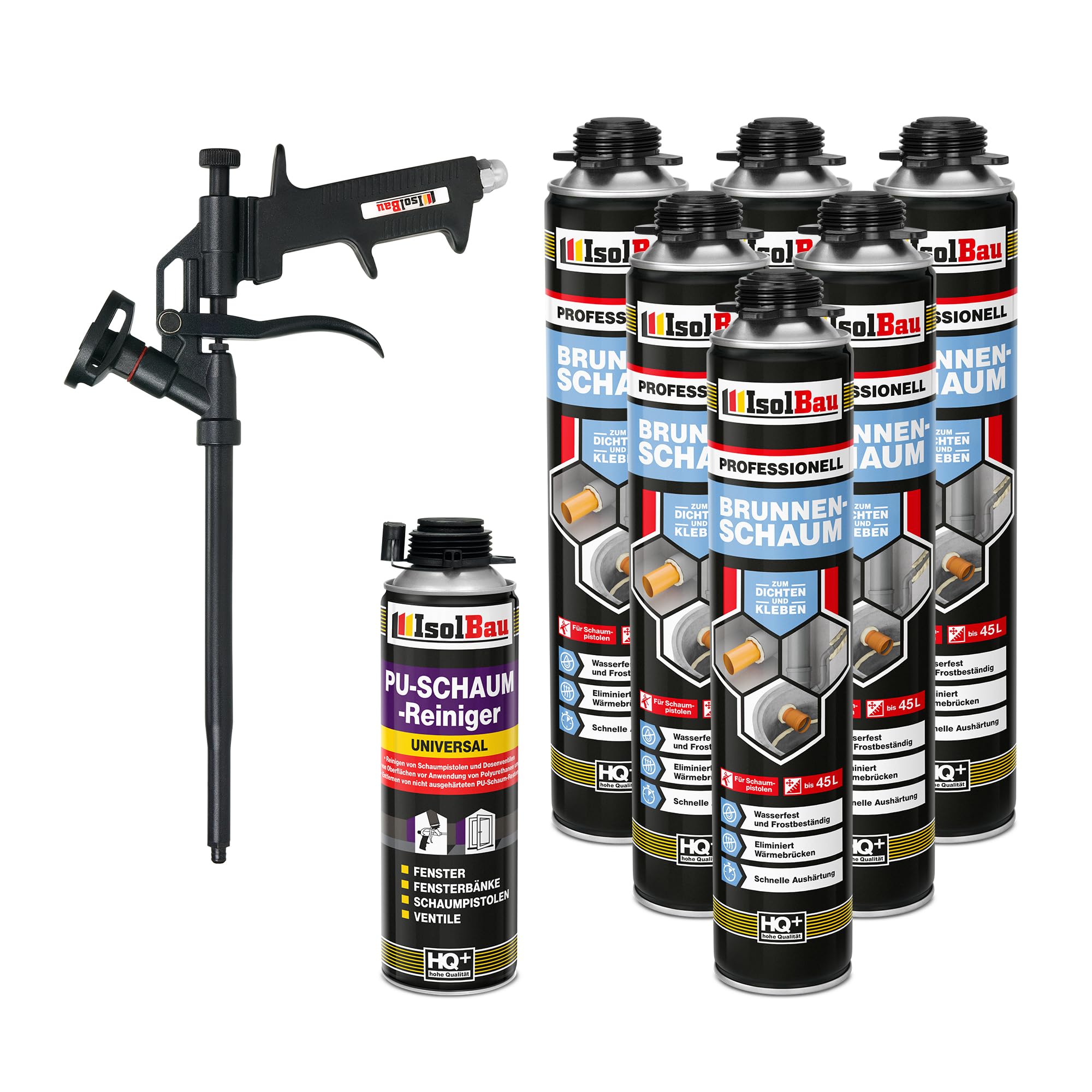Isolbau - Brunnenschaum 1K Bauschaum Wasserdicht Aussen und Innen - 6 x Montageschaum 750 ml, 1 x PU-Schaum-Reiniger & 1 x Schaumpistole - PU-Schaum - Pistolenschaum Dämmschaum Isolierschaum