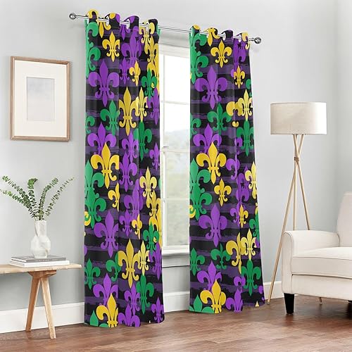 Miniatura 6 de Black Out Curtains Mardi Gras Royal Fleur De Lis Grunge Stripes Black Window Curtains for Bedroom 84 inches Length Floor to Ceiling Curtains