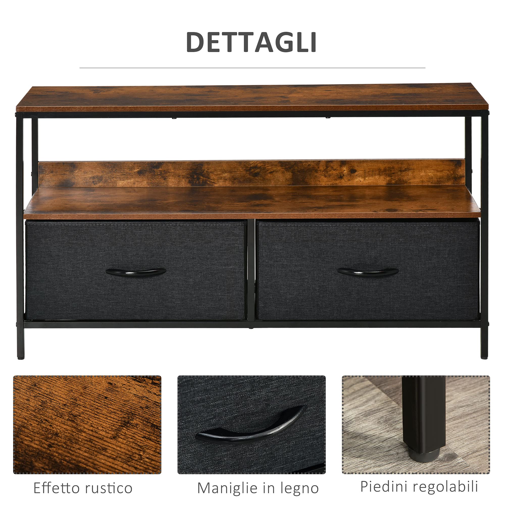 HOMCOM Mobile Porta TV Fino a 47", 98x29x56 cm, Marrone Rustico | Mobile TV, con 2 Cassetti Pieghevoli in Tessuto e Mensola, Mobiletto per Televisore per Soggiorno, Camera da Letto e Salotto