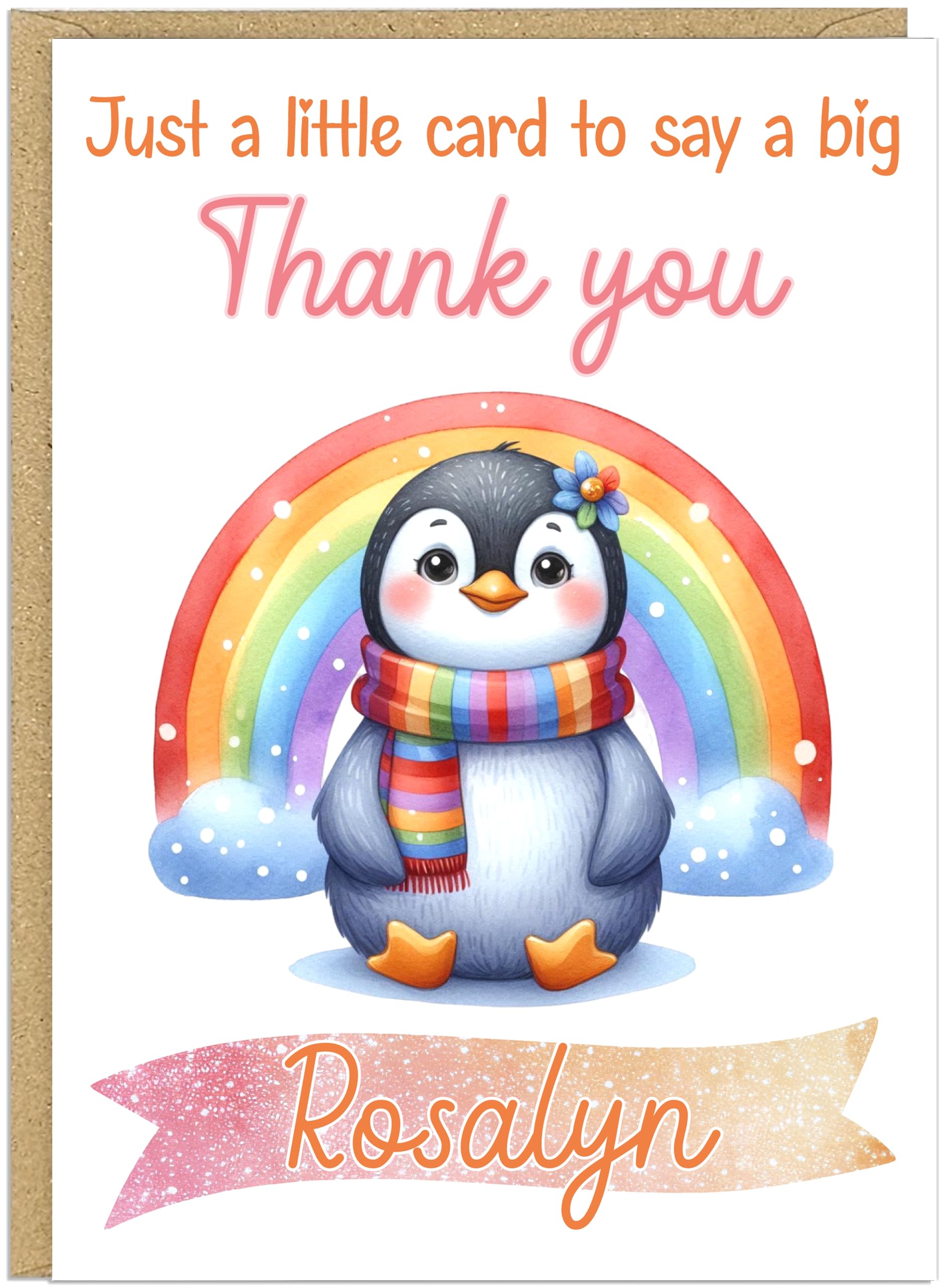 Cute Thank You Cards with Rainbow Animals - Say a Big Thanks! for Family Friends Teachers Neighbours Key Workers - Add Own Customised Name 15 Personalised Design Choices (Penguin)