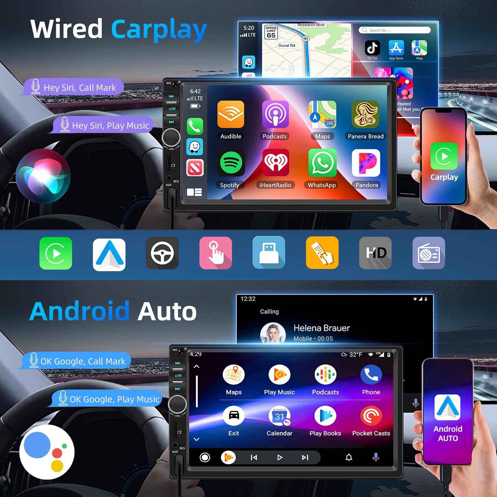 2 Din Autoradio Bluetooth con Carplay Android Auto, 7 Pollici Doppio Din Radio con Schermo, Stereo Auto Supporto MirrorLink/FM/USB/AUX/EQ/SWC/7 Colori Retroilluminazione+Telecomando