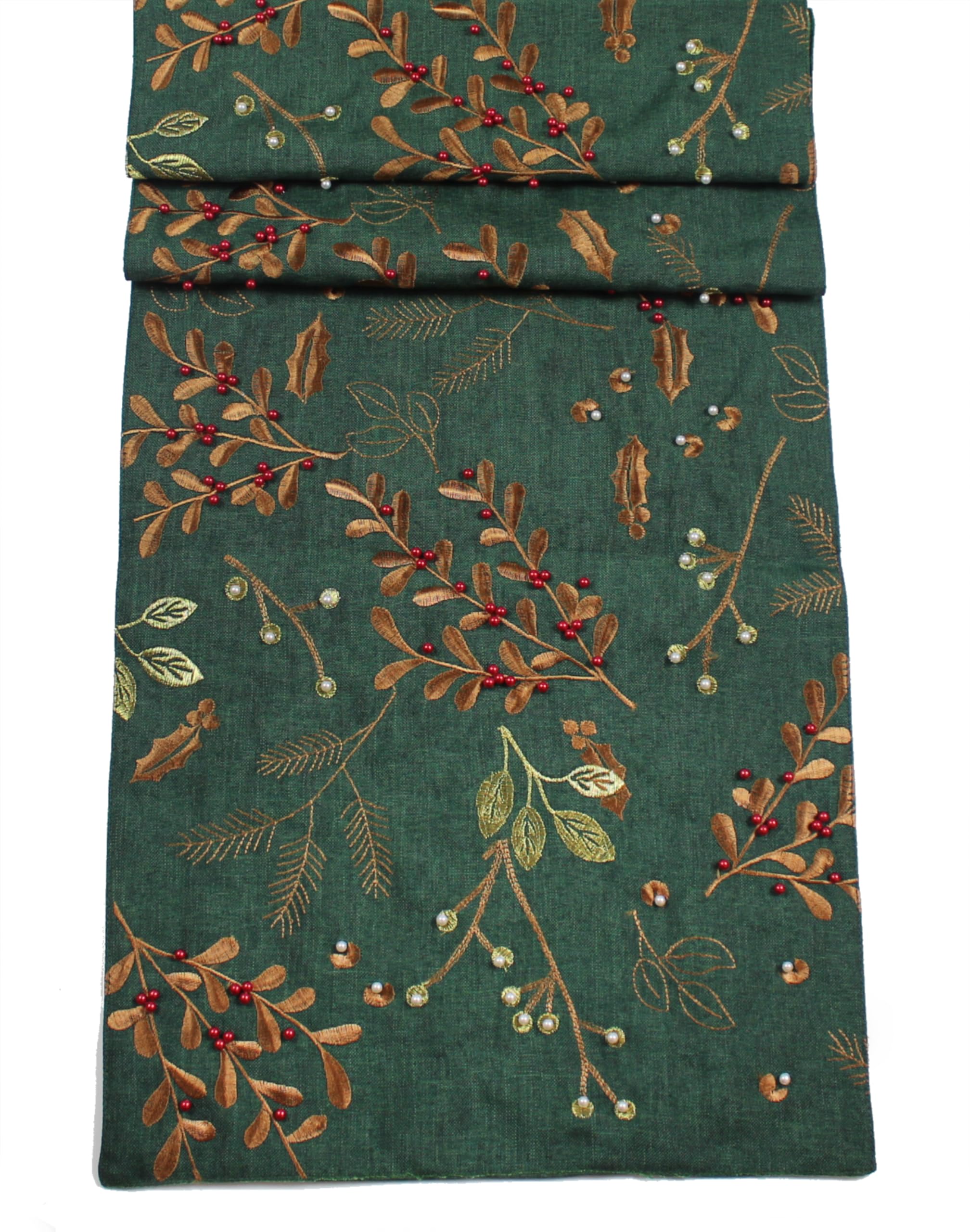 Peggy Wilkins Green Berry Beads Christmas Embroidered Winter Foliage And Beadwork Table Runner - 14" X 75"
