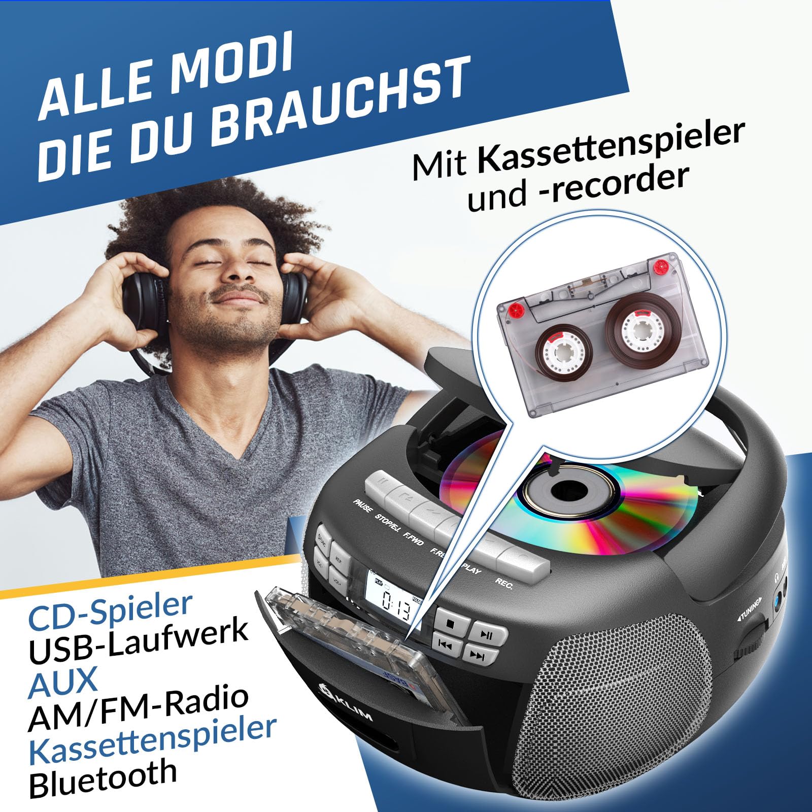 KLIM CD Player mit Kassette, Kassettenspieler, Kassettenrekorder, AM/FM Radio & USB, Bluetooth CD-Player, Netz- und Batteriebetrieb - Silber