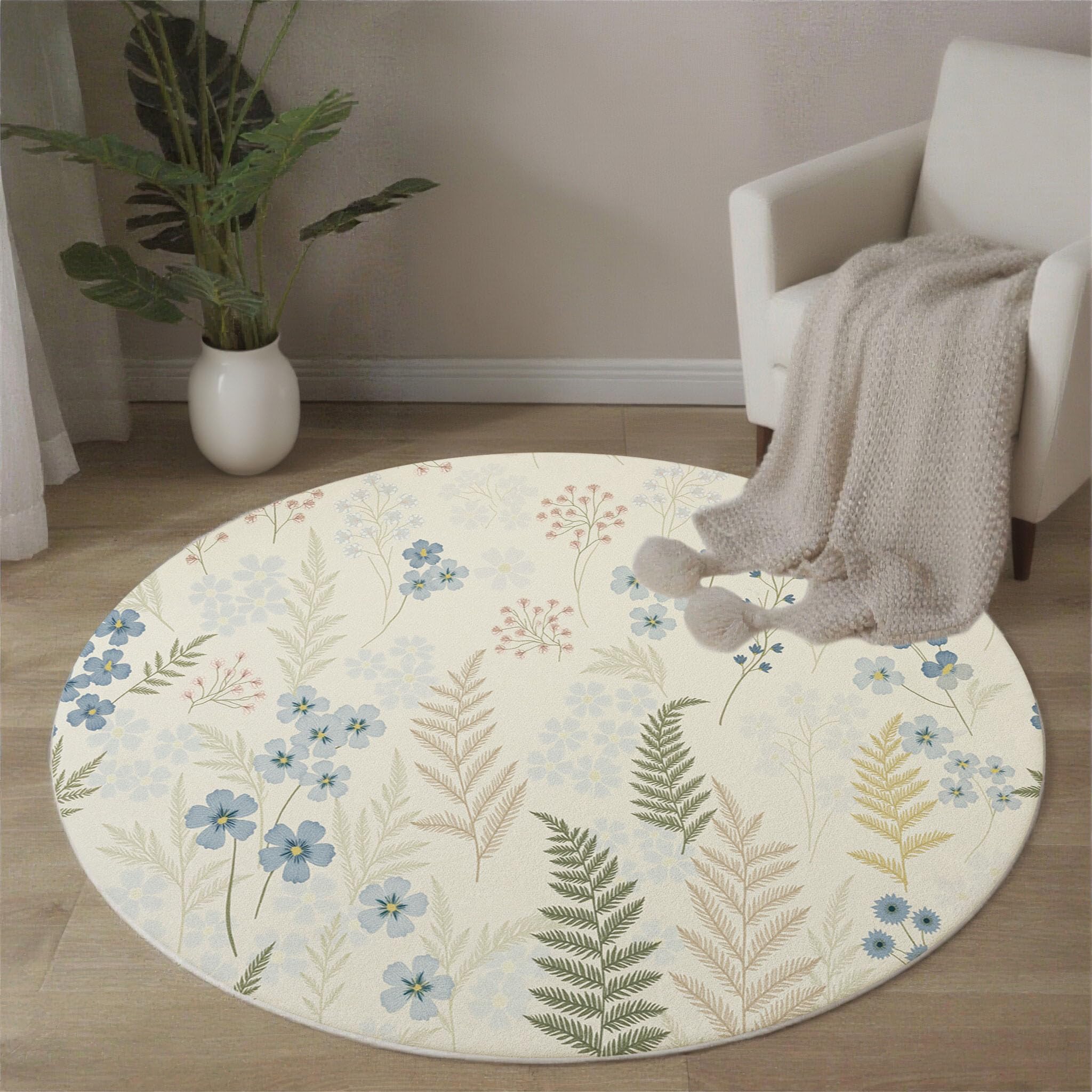 Tapis rond fleurs sauvages beige 180 cm pour chambre et salon lavable