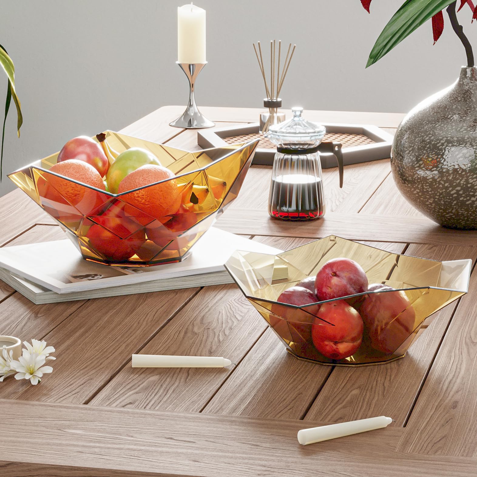 Acliys Fruit Bowl for Kitchen Counter, Plastic Morden Salad Bowl Set of