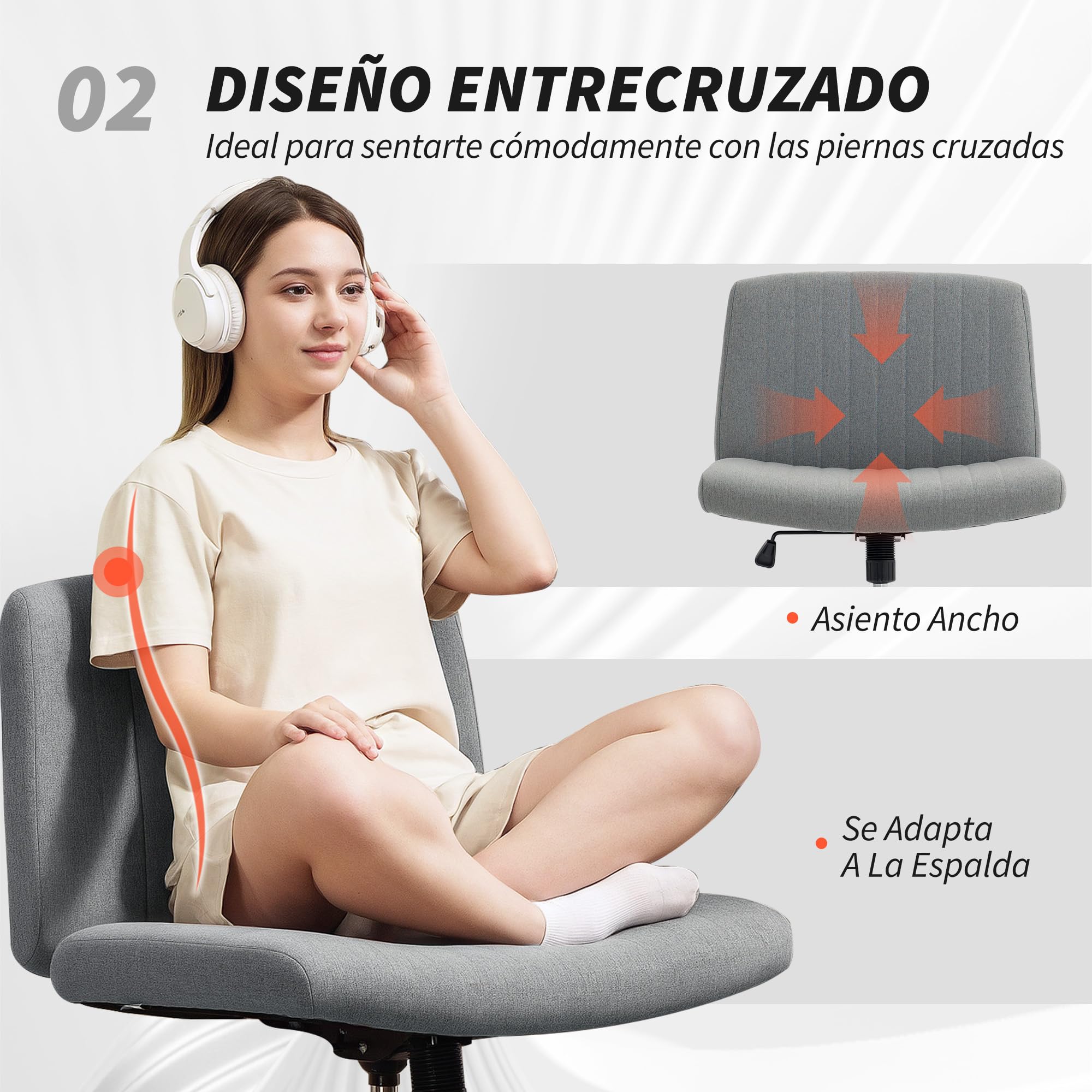 HOMCOM Silla de Oficina sin Brazos Giratoria sin Ruedas Basculante Gris | Silla de Escritorio Giratoria, Asiento Amplio y Cómodo, Piernas Cruzadas, Altura Regulable, para Sala de Estar y Dormitorio
