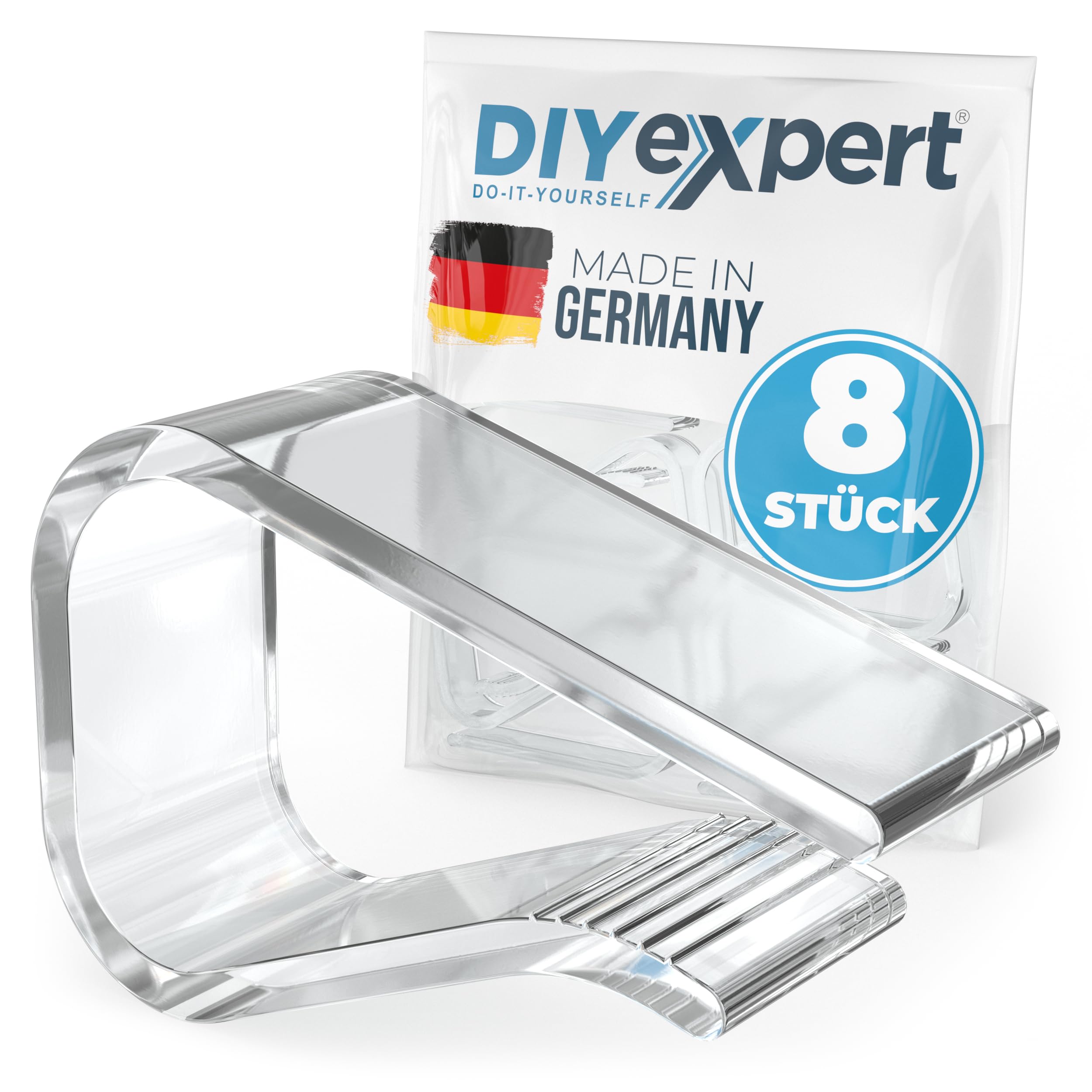 DIYexpert Mollette per tovaglia, trasparenti, prodotte in Germania, fino a 25 mm, 8 pezzi, resistenti alle intemperie e antiscivolo, mollette da tavolo per giardino, balcone e interni