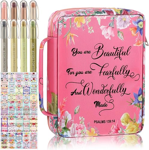 Funda para la Biblia con asa y bolsillo trasero con cremallera, 10 x 7.5 x 2.5 pulgadas, bolsa de iglesia con marcadores y bolígrafos para regalo de