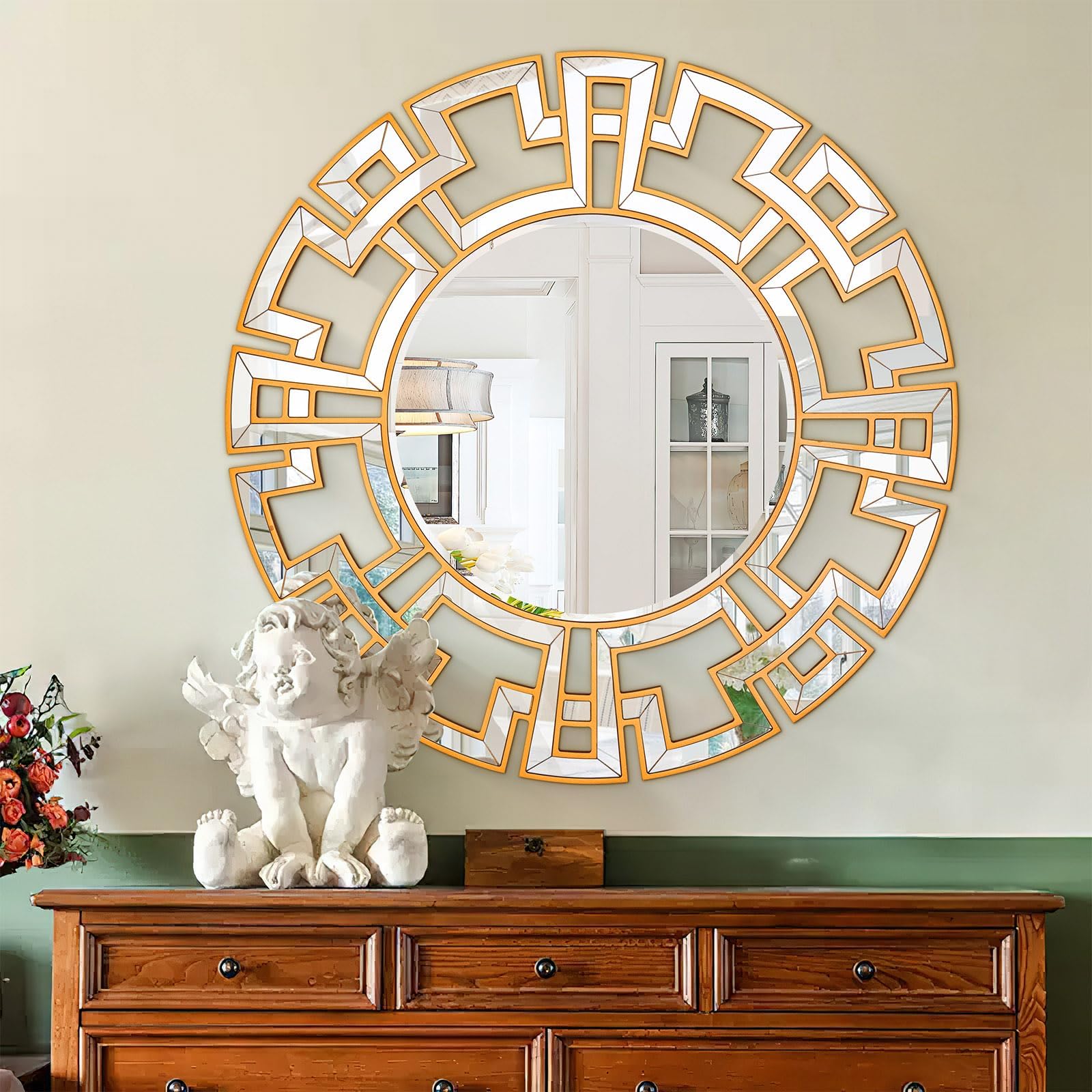 Chende Round Gold Mirror, 40'' Large Living Room Mirrorr with Beveled Edge, Modern Decorative Wall Mirror for Dining Room, Entryway, Mantel, Bathroom