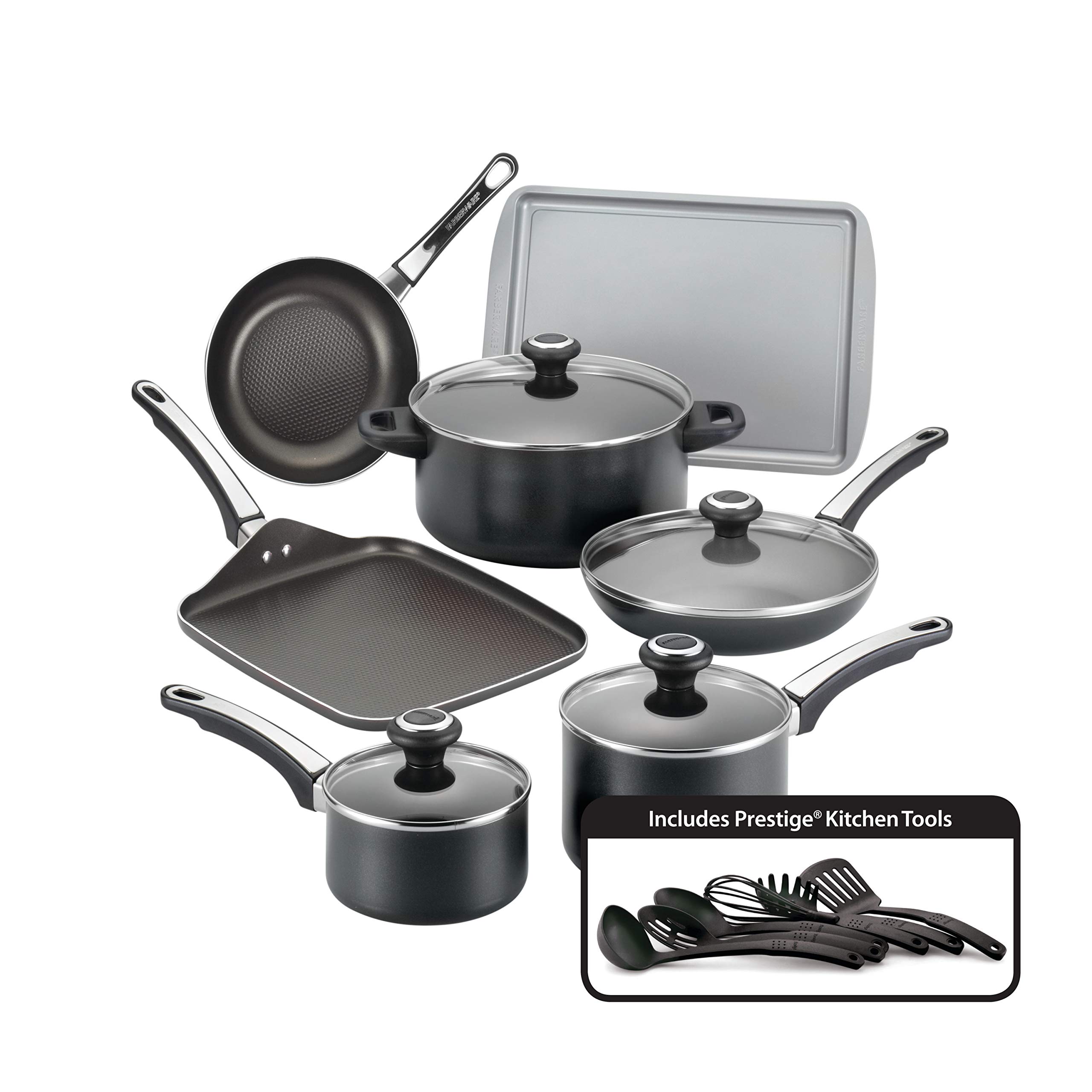 Farberware High Performance Nonstick Cookware Pots and Pans Set Dishwasher Safe, 17 Piece, Black