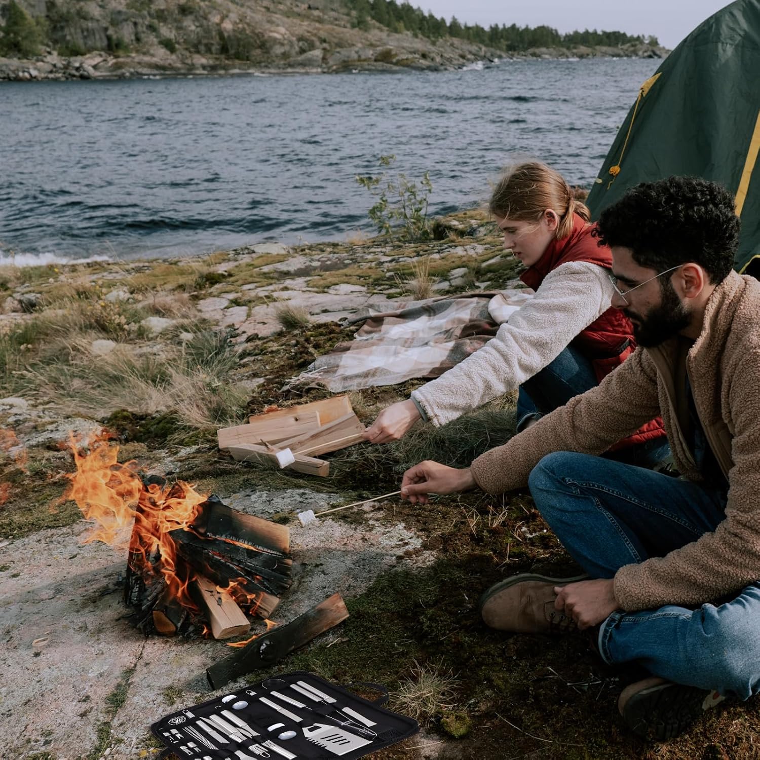 27pcs Stainless Steel BBQ Tool Set with Oxford Carry Bag for Outdoor Grilling, Barbecue Utensils Kit with Tongs, Spatula, Fork, and Brush Accessories for Camping and Backyard